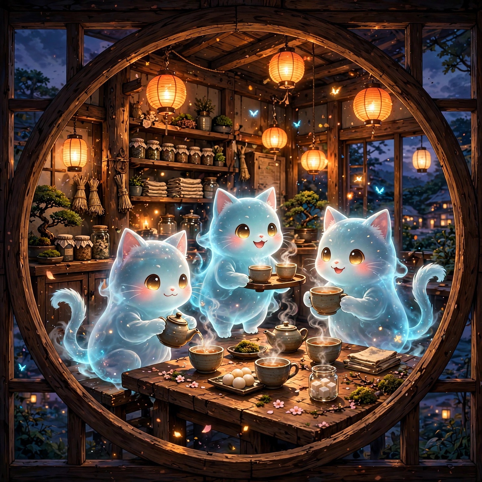 Cute ghost cats serving tea in lantern-lit anime cafe, DP