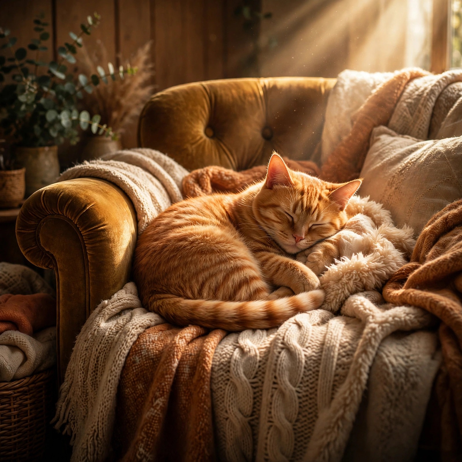 Ginger cat sleeping curled in a sunbeam armchair