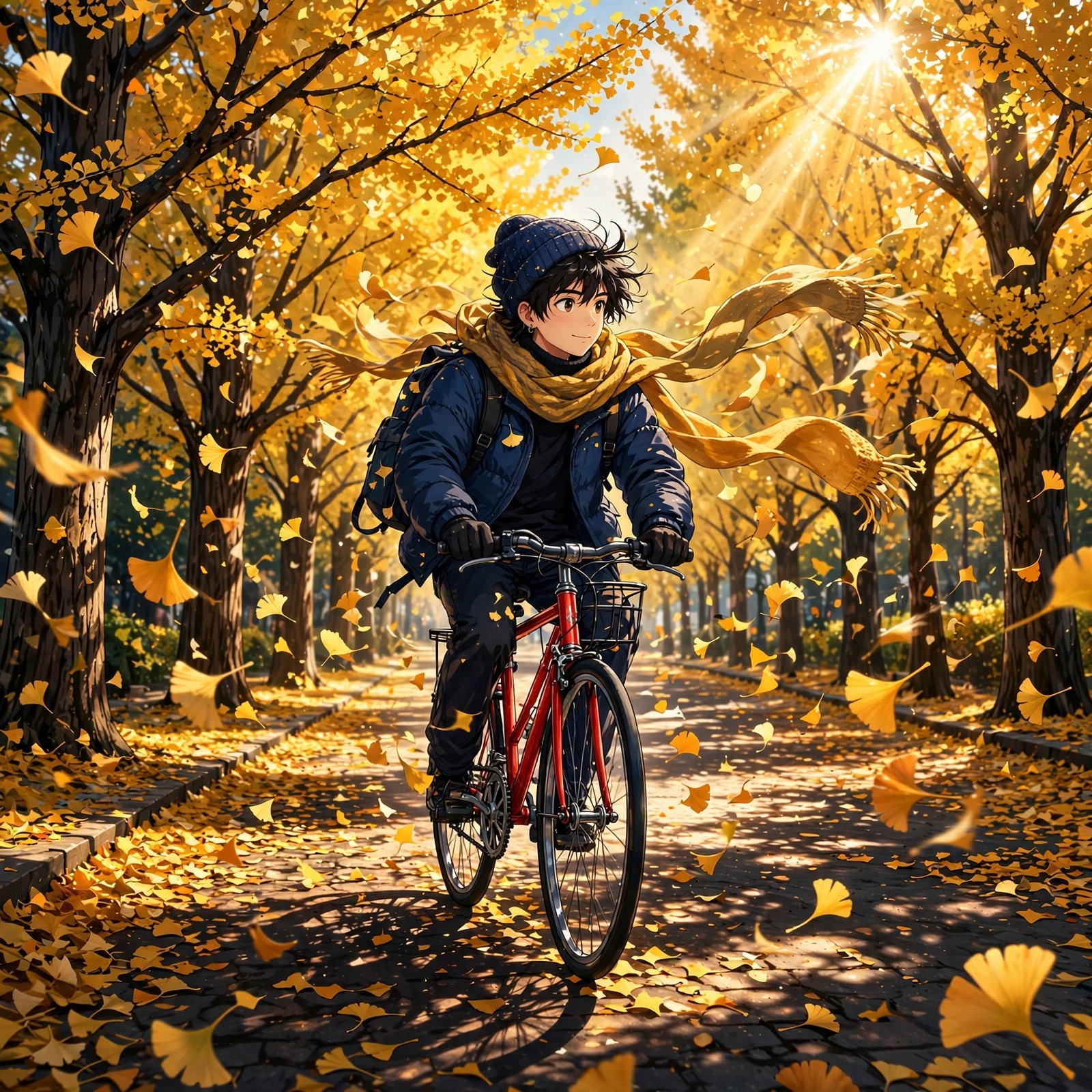 Anime boy cycling a red bike down a golden ginkgo avenue in autumn, profile picture