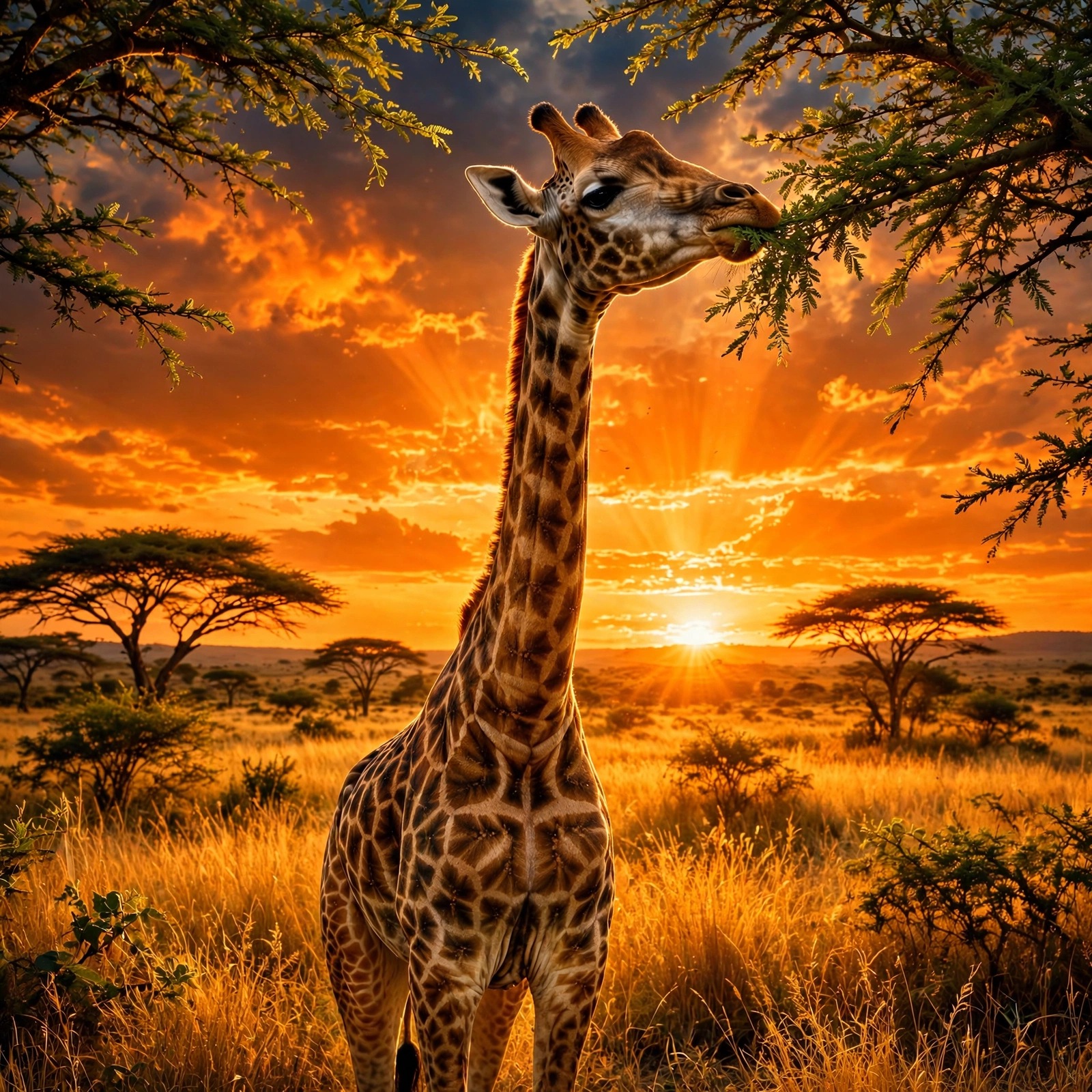 Giraffe nibbling acacia leaves against an orange sunset