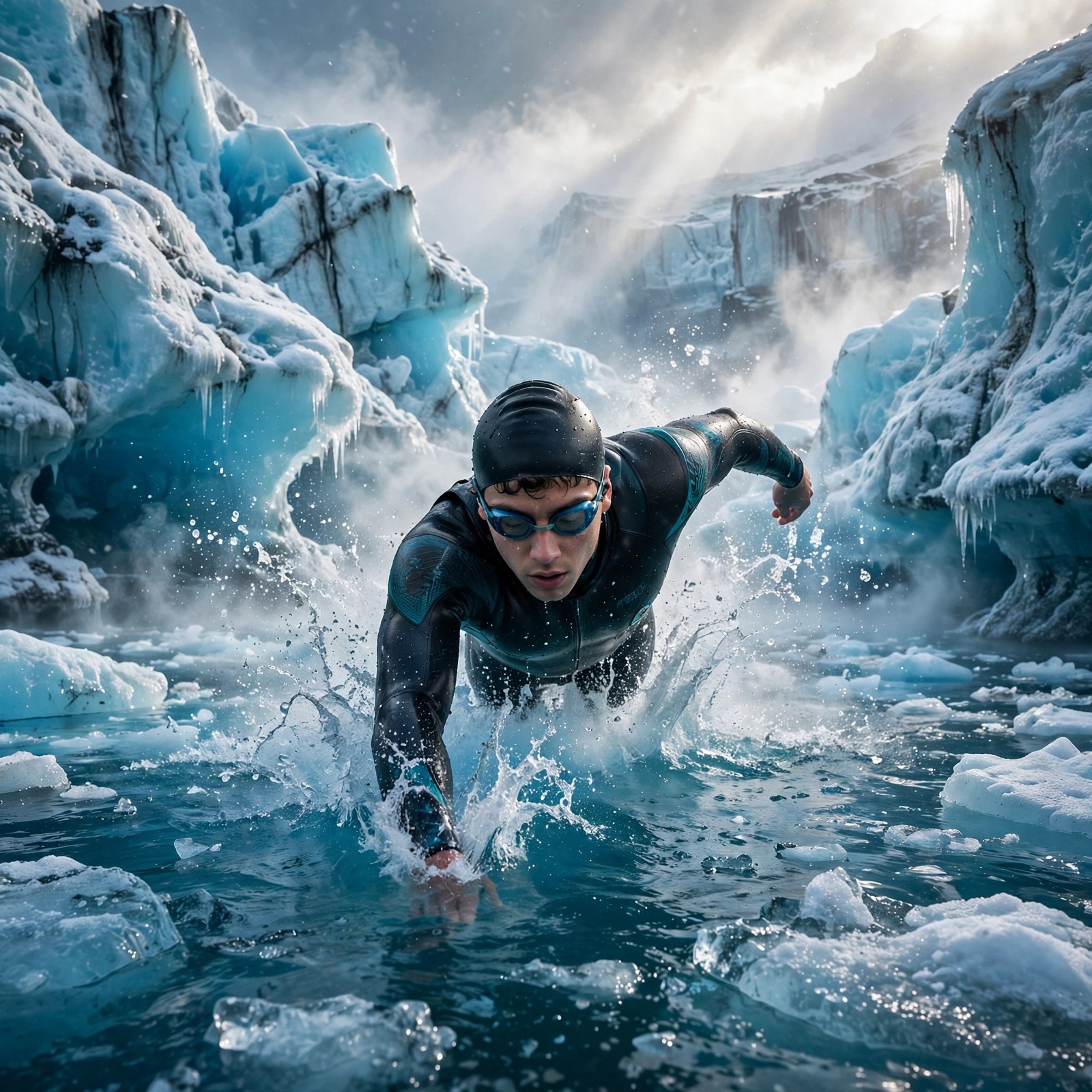 Glacier Ice Swimmer in Turquoise Lagoon