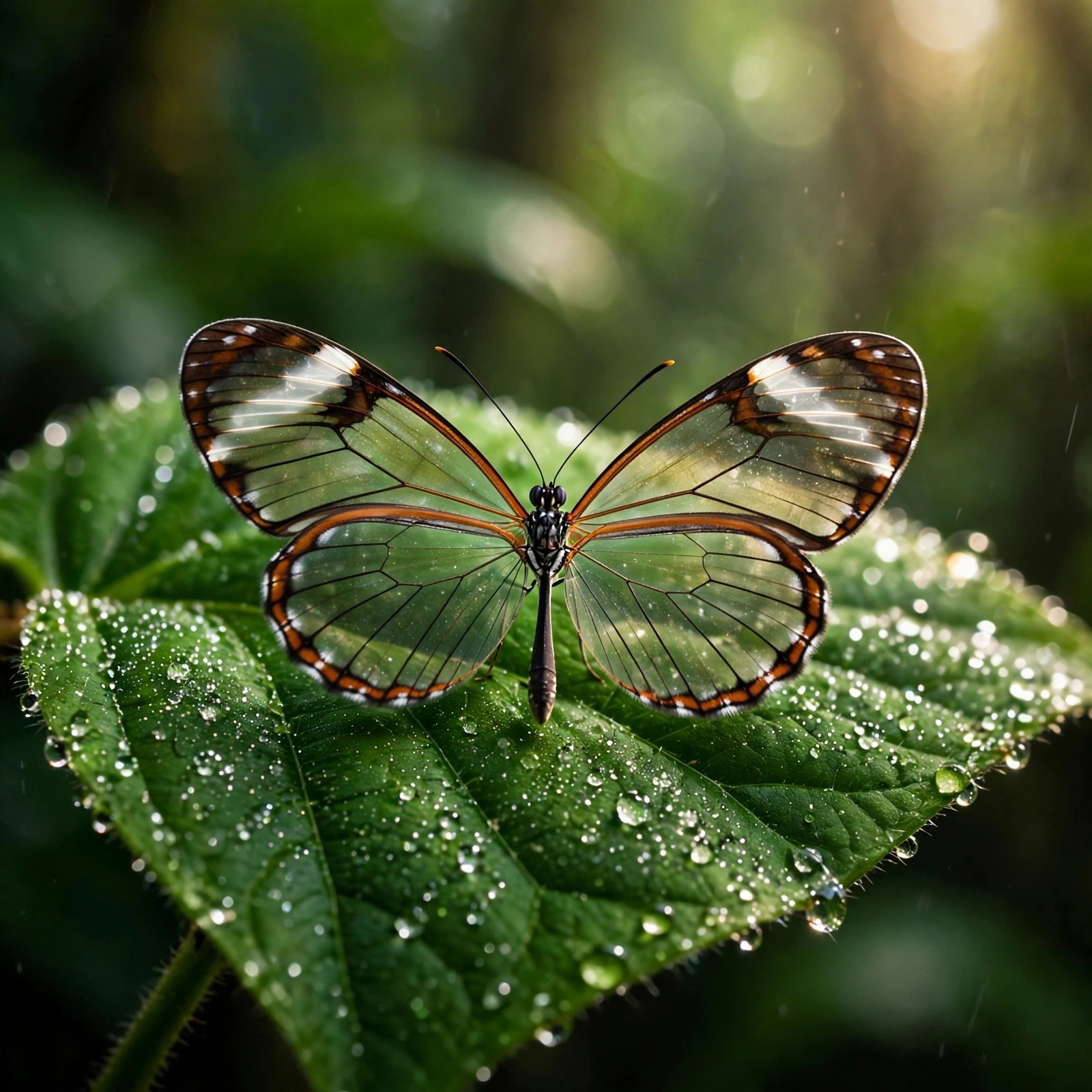 Glasswing butterfly macro on dew-covered emerald leaf, square nature WhatsApp DP