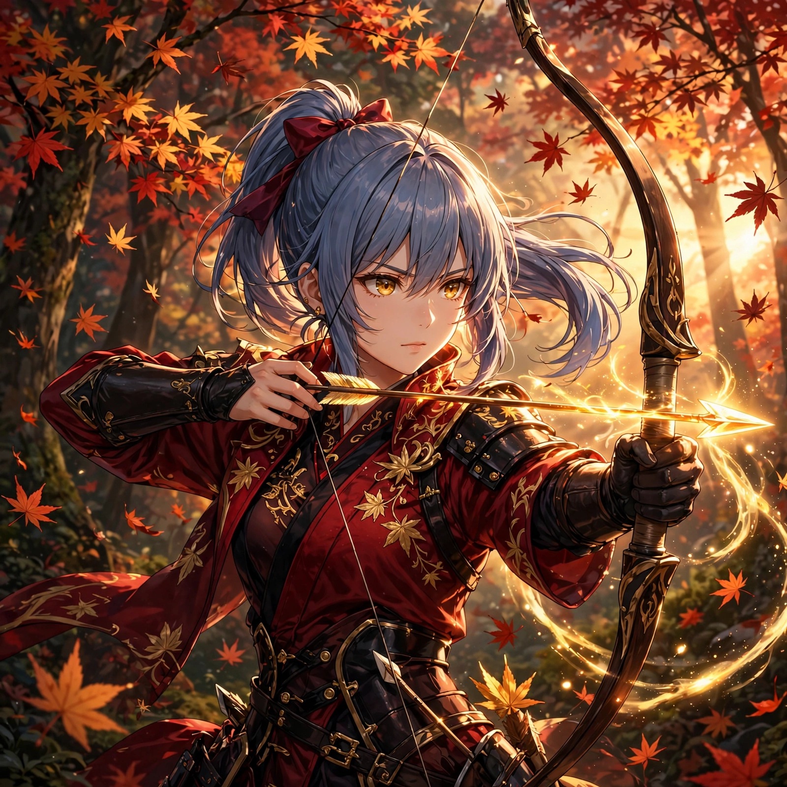 anime archer girl drawing a glowing arrow in an autumn forest anime dp