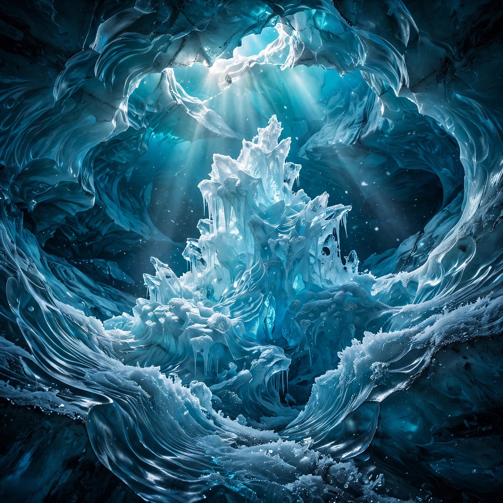 Glowing blue glacier ice cave with crystal ice spire and turquoise light, nature profile picture