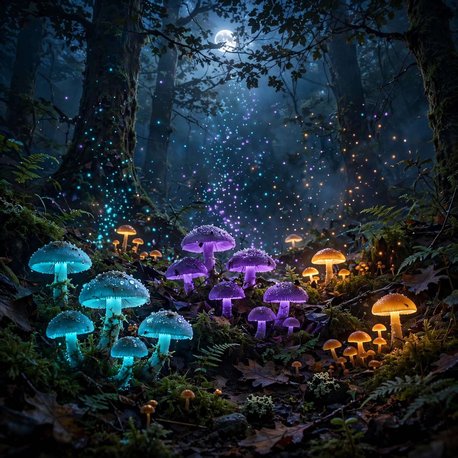 glowing mushrooms in moonlit forest nature dp