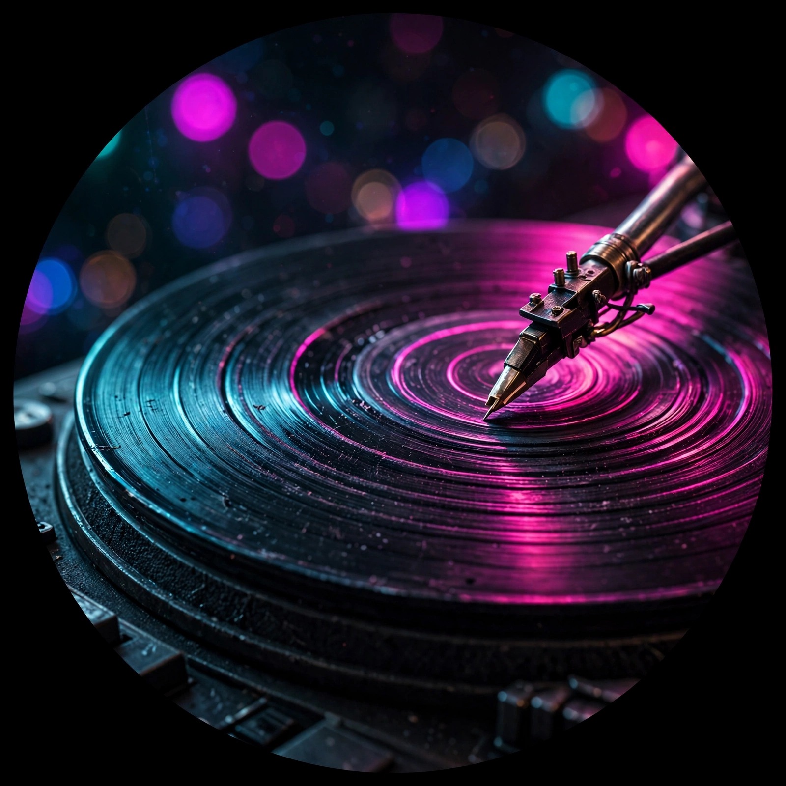 Vinyl record on turntable glowing with neon magenta and cyan light, aesthetic profile picture