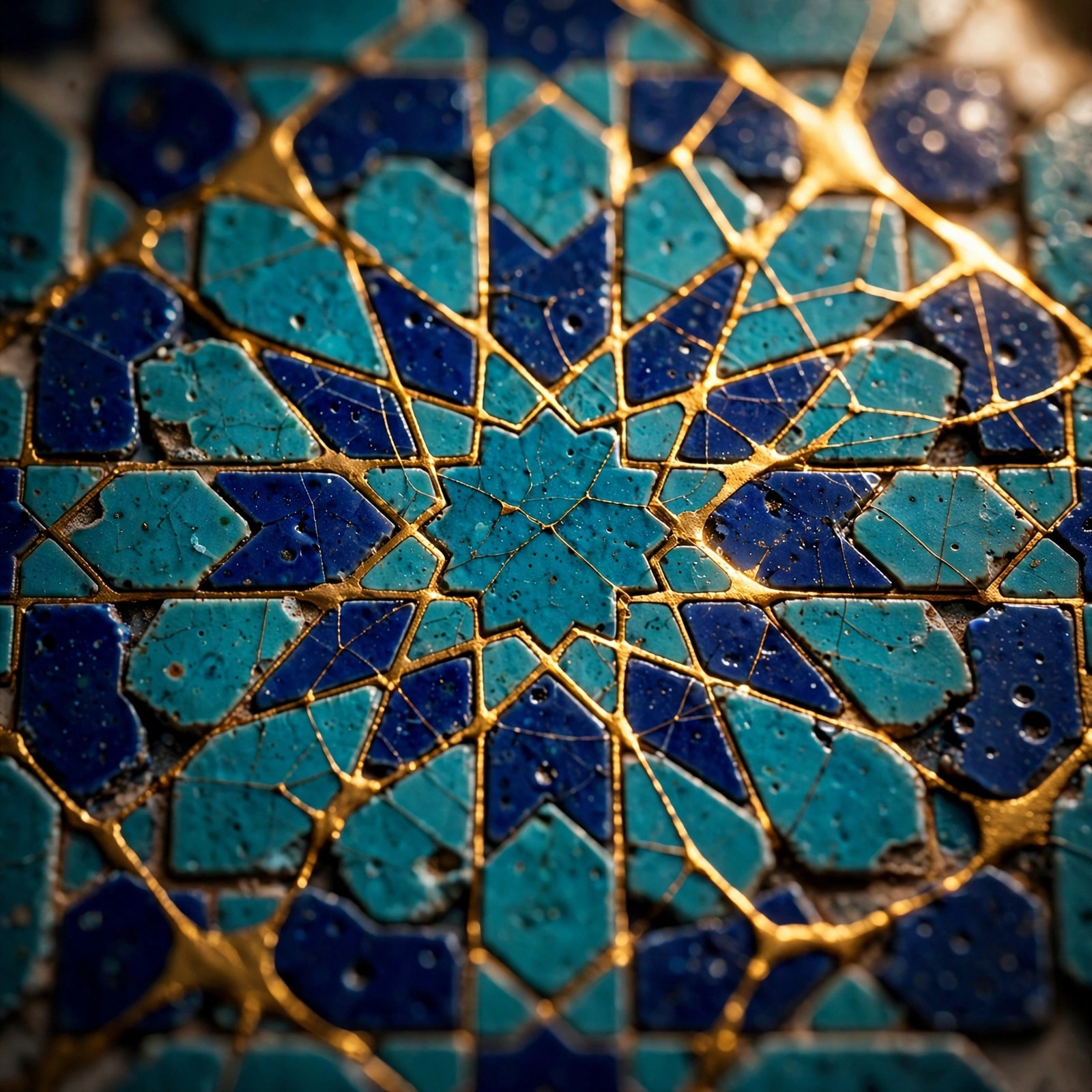Golden-veined cracked zellige tile macro