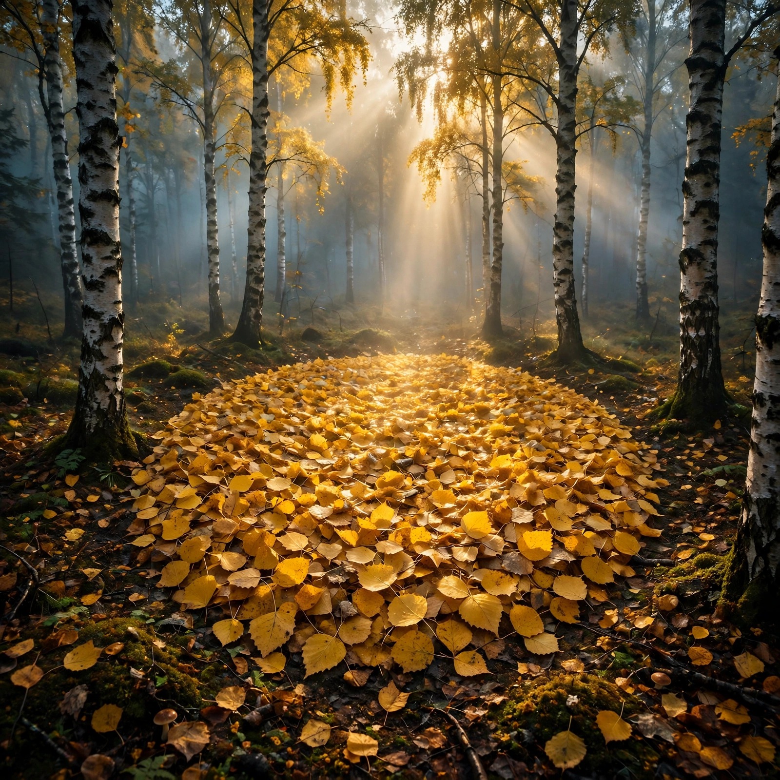 Golden Birch Forest in Mist