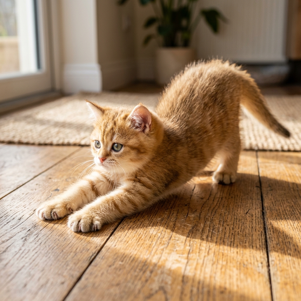 A golden kitten stretches its paws across a sunlit wooden floor