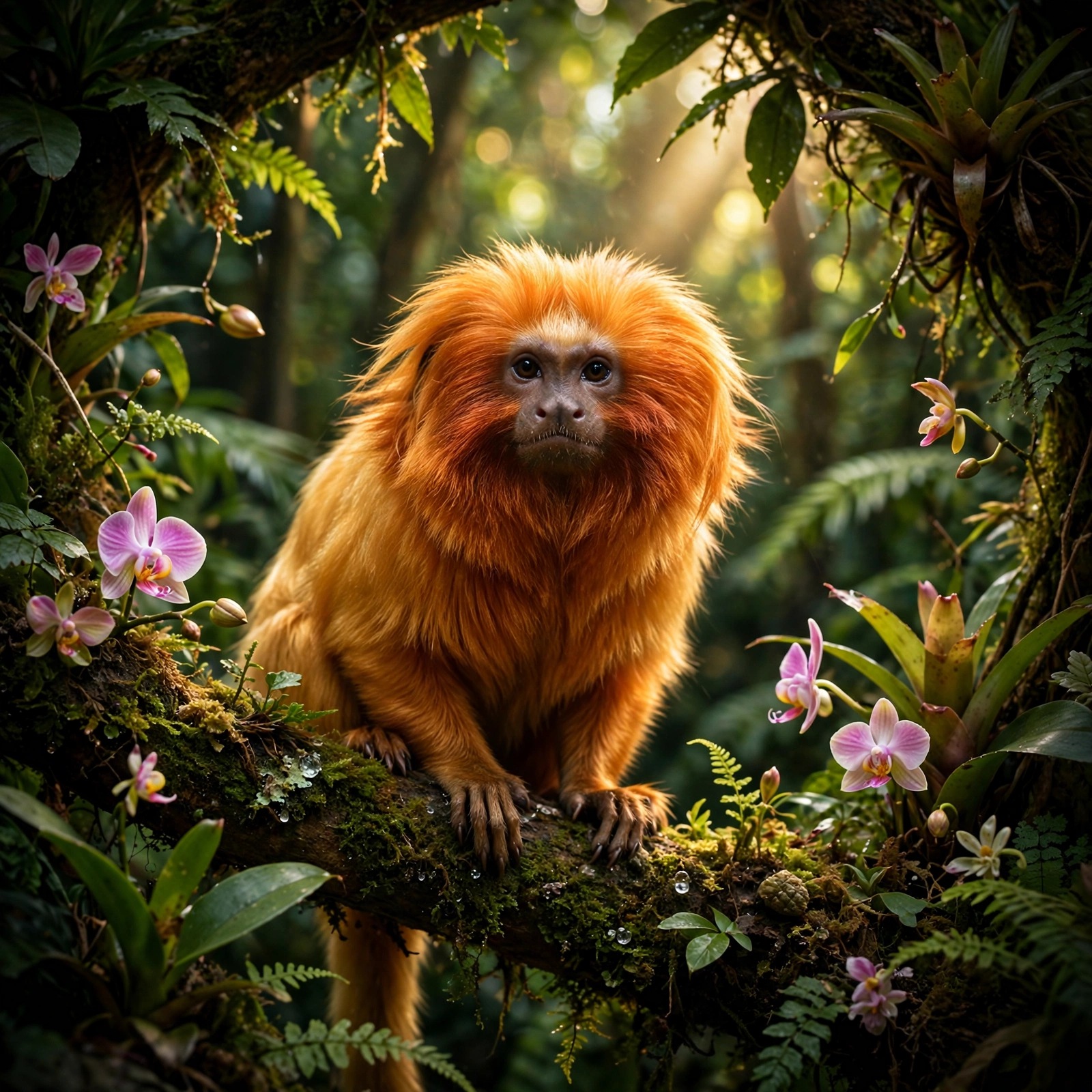 Golden lion tamarin with orange mane perched on a mossy rainforest branch with orchids
