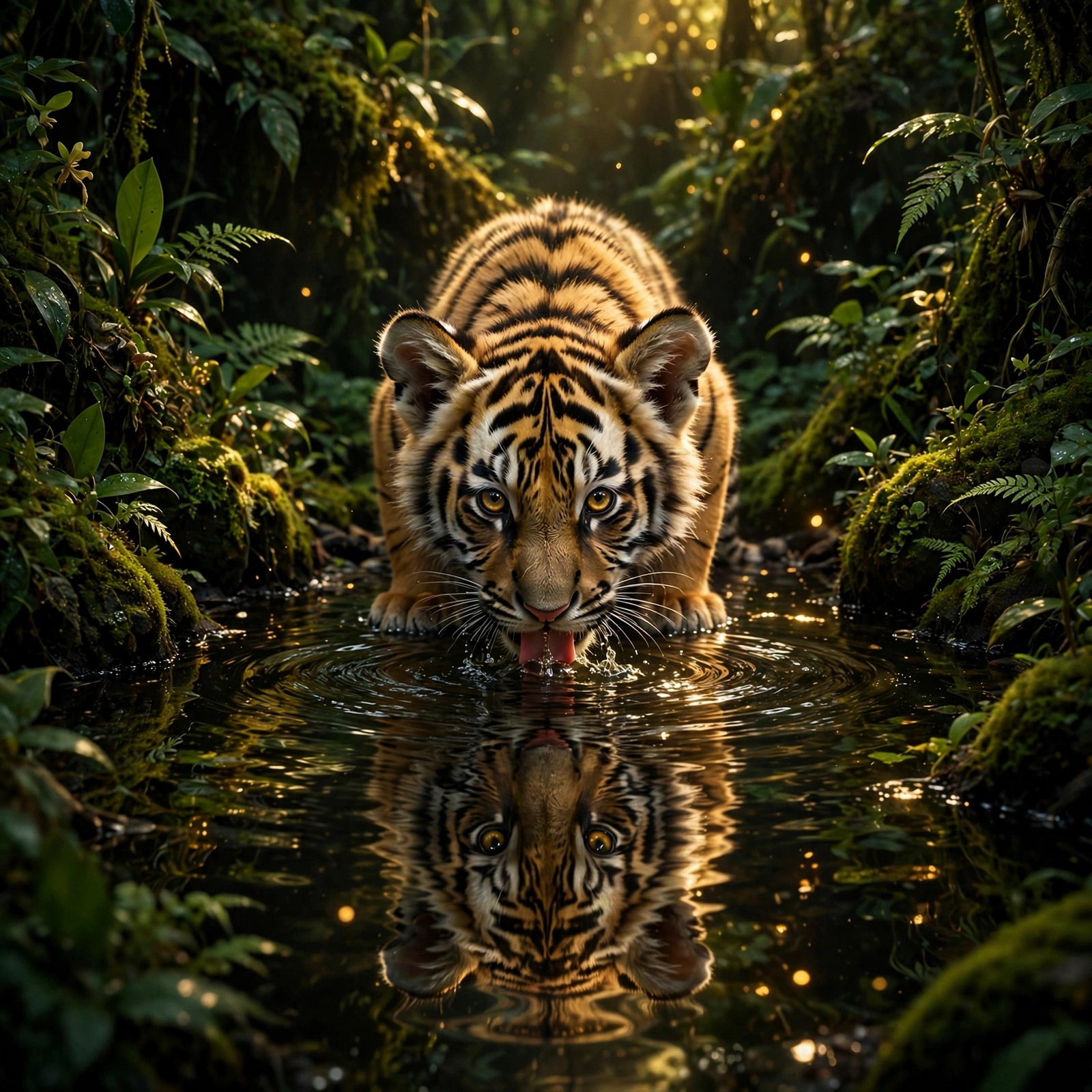Tiger cub drinking at jungle pond with reflection in water, animals WhatsApp DP