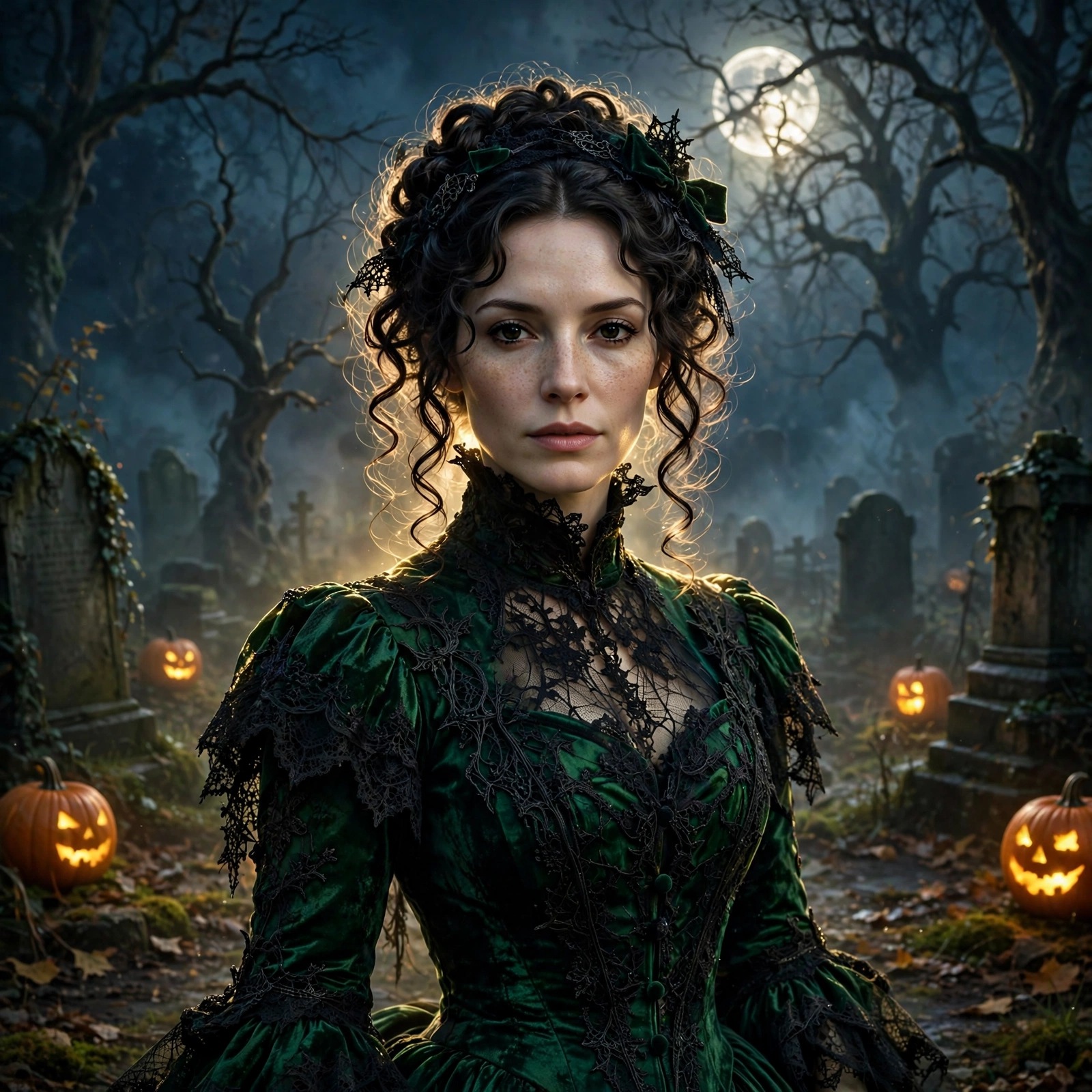 Gothic woman in emerald Victorian gown in a misty moonlit graveyard with pumpkins, square DP