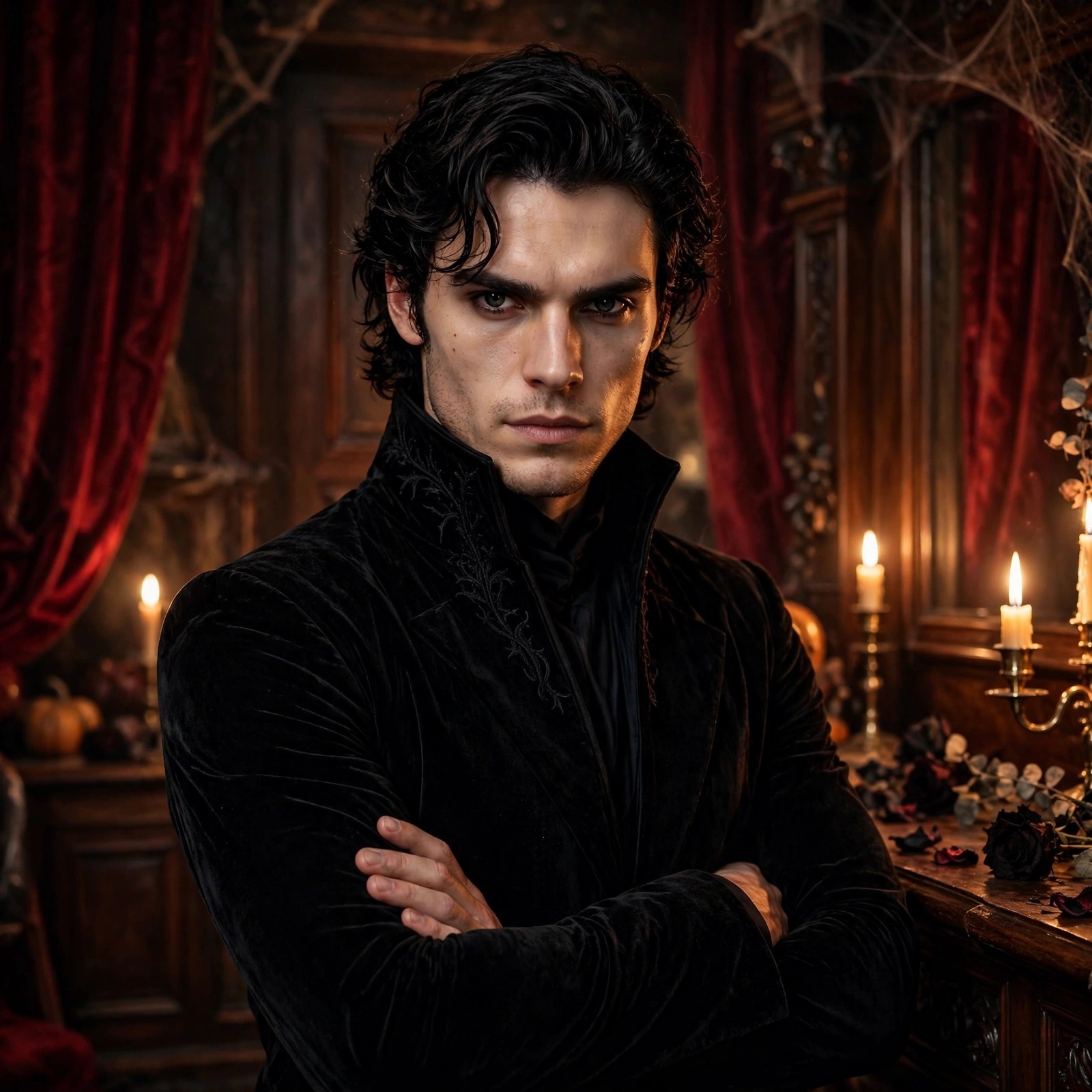 gothic man in candlelit mansion