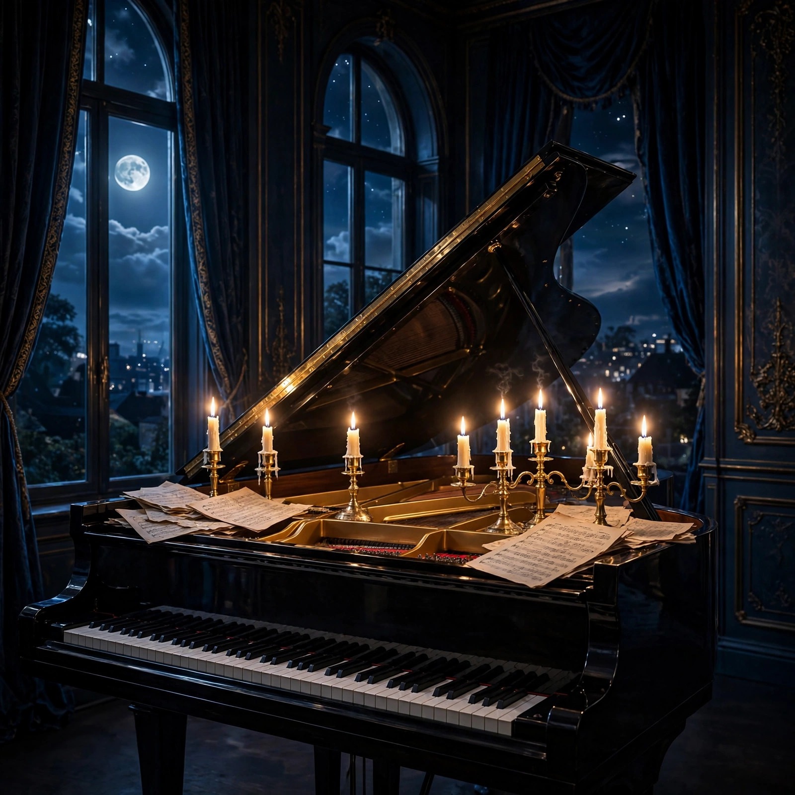 grand piano in candlelight at night aesthetic dp