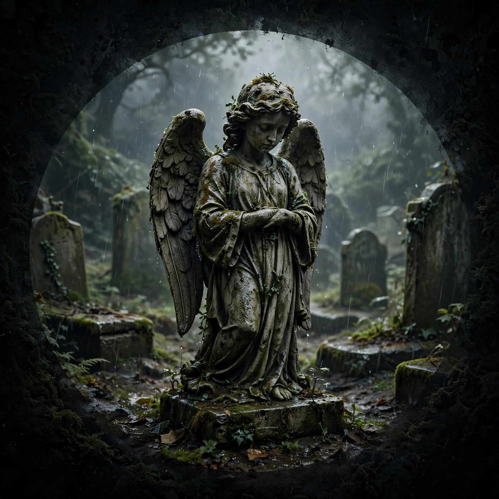 Graveyard angel statue in the rain, sad DP
