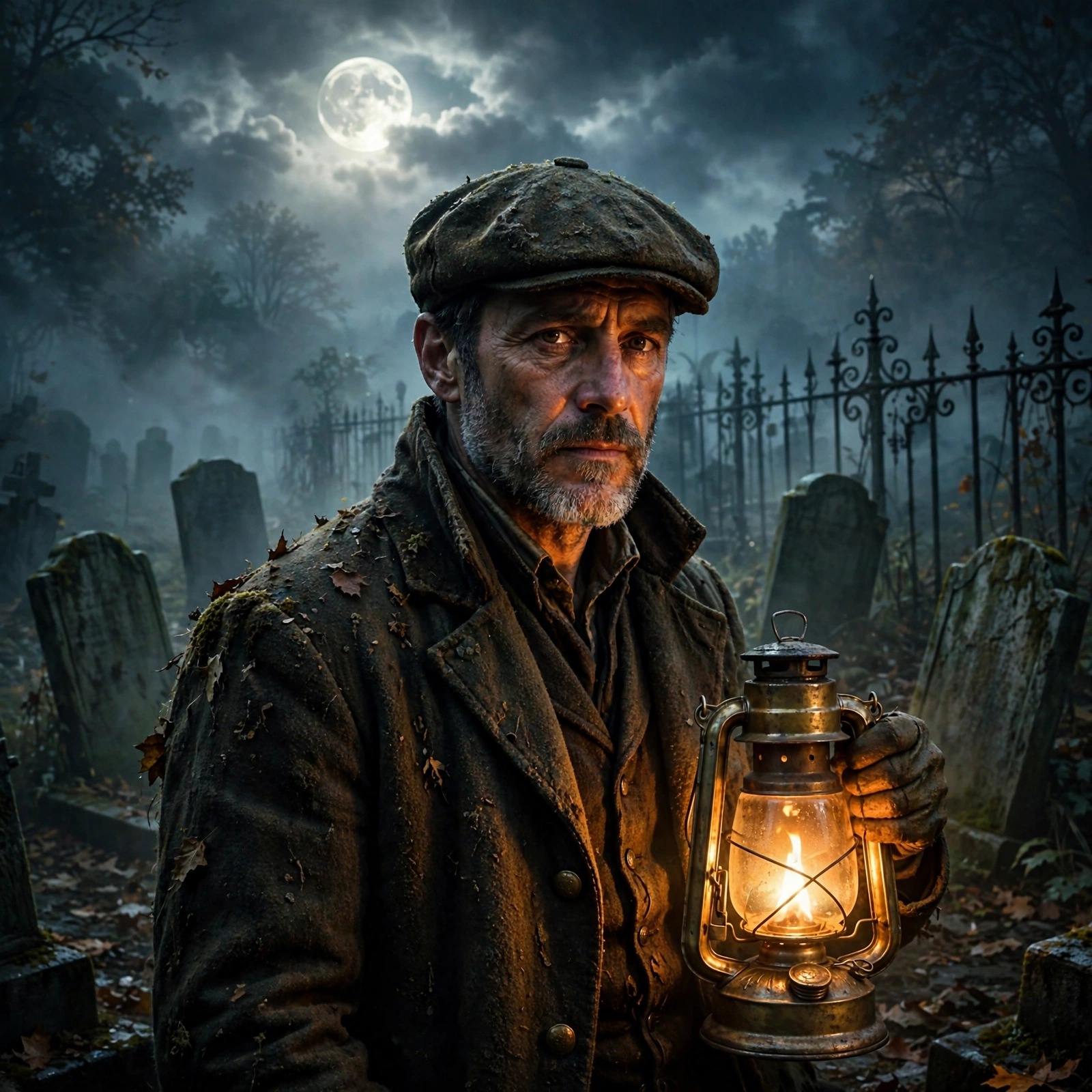 Graveyard groundskeeper with a glowing lantern among tombstones in misty moonlight, square boys DP