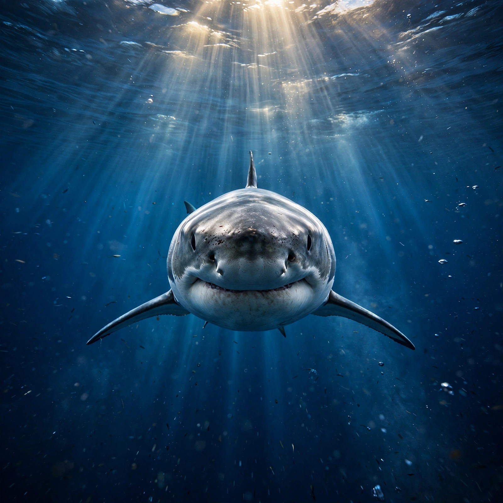 great white shark gliding through deep blue ocean animals dp