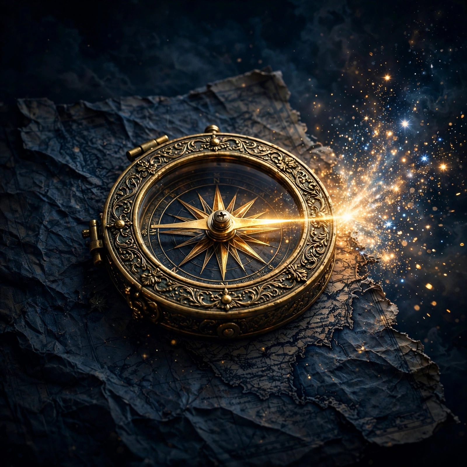 Ornate glowing brass compass on antique map pointing toward starry horizon, motivational DP