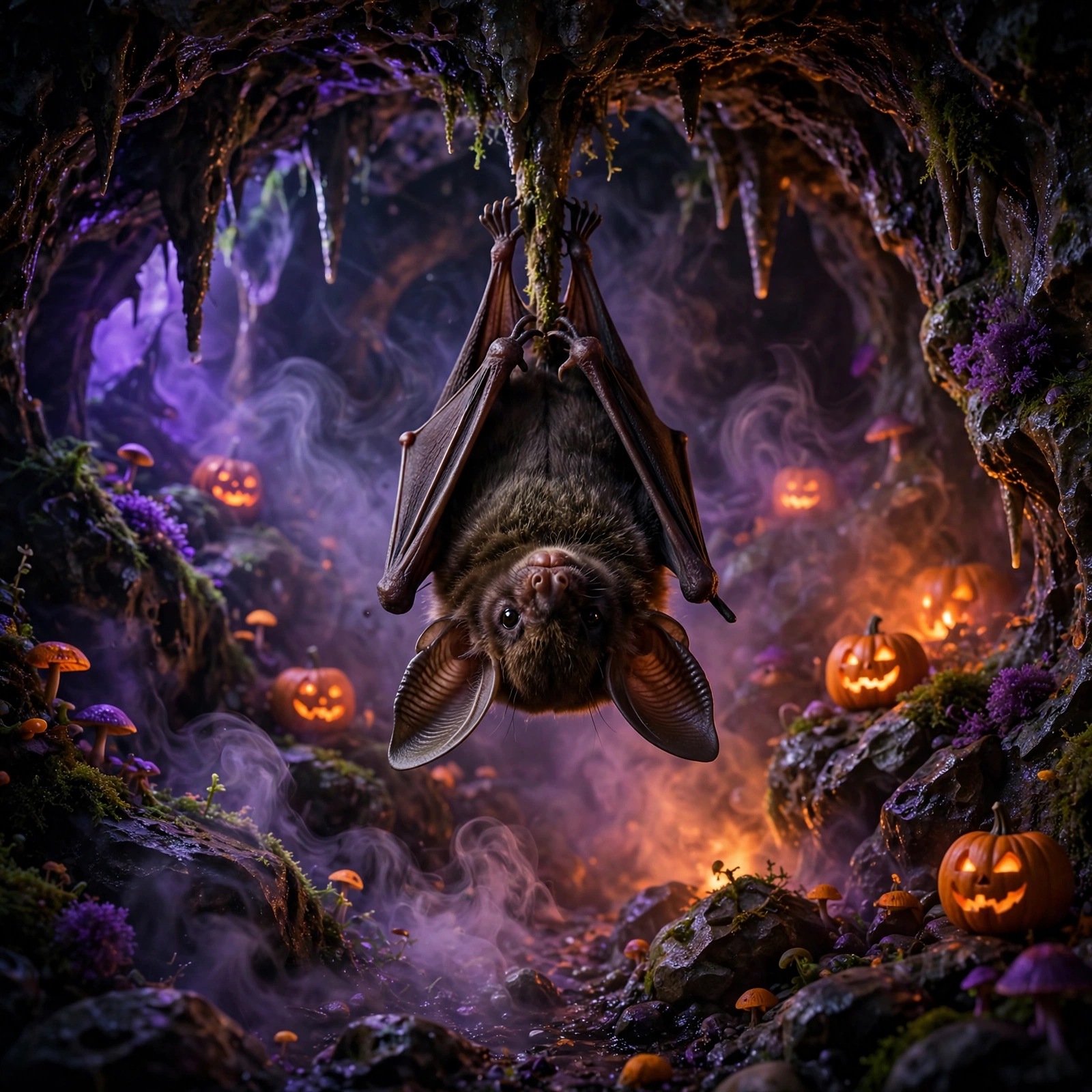 bat hanging in glowing halloween cave with pumpkins animals dp