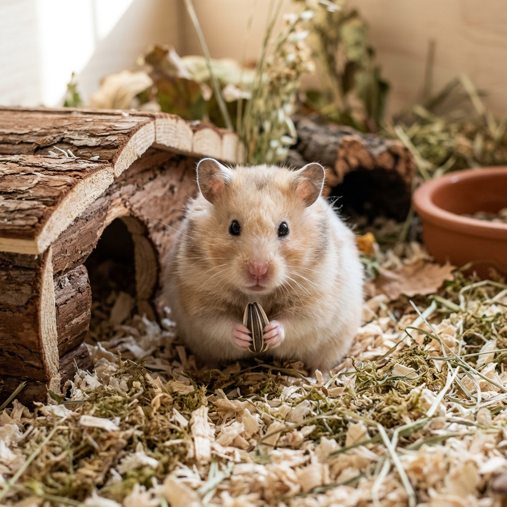 A round hamster sits beside its wooden hideaway among soft bedding