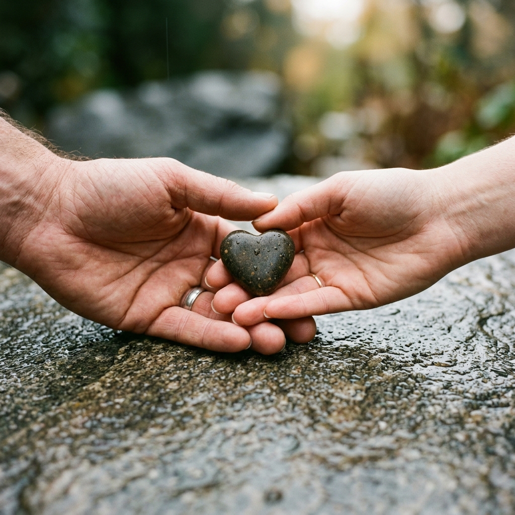 Two adult hands gently cradle a small heart-shaped pebble above a rain-speckled stone surface, close macro composition