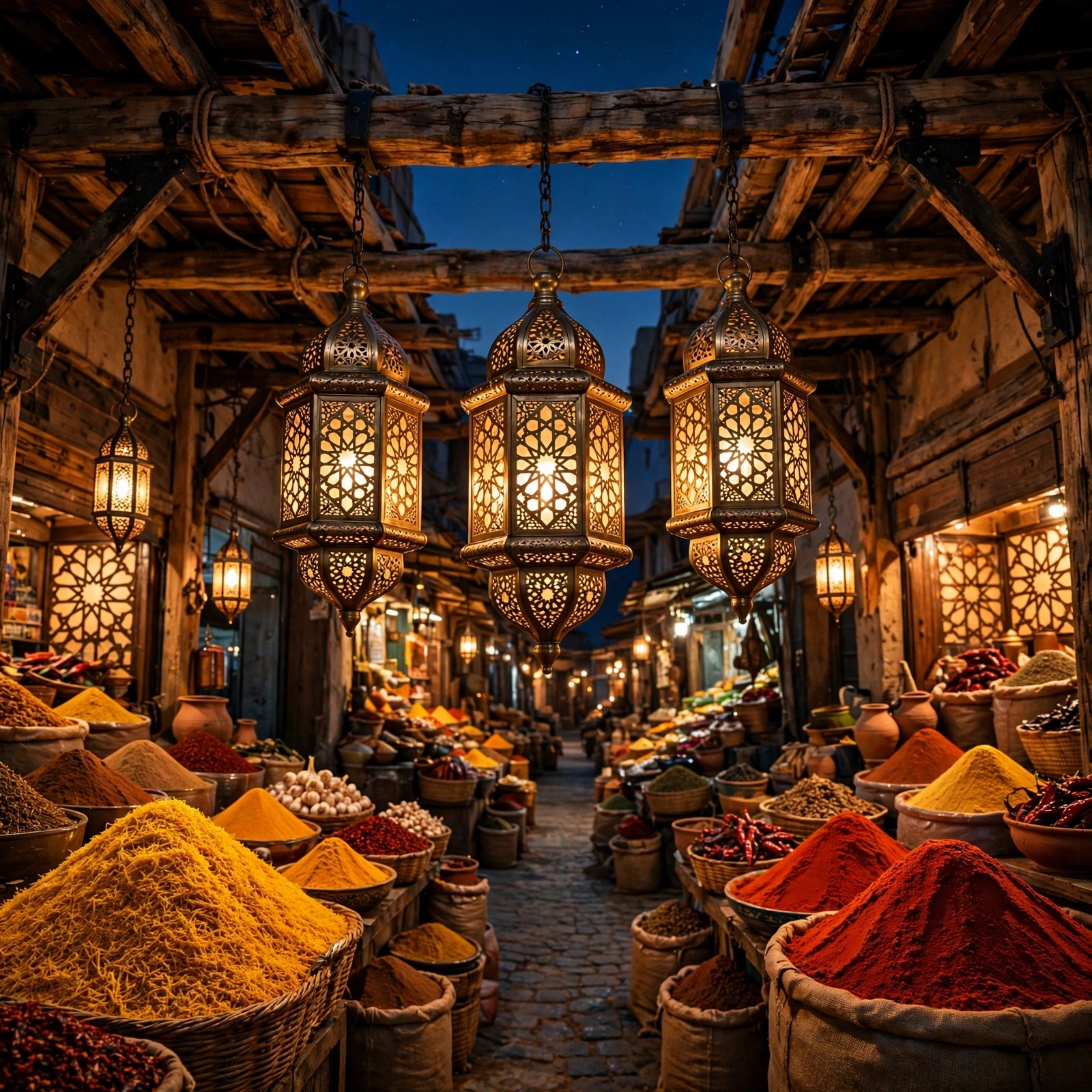Glowing brass lanterns over a spice souk at night, Islamic market DP