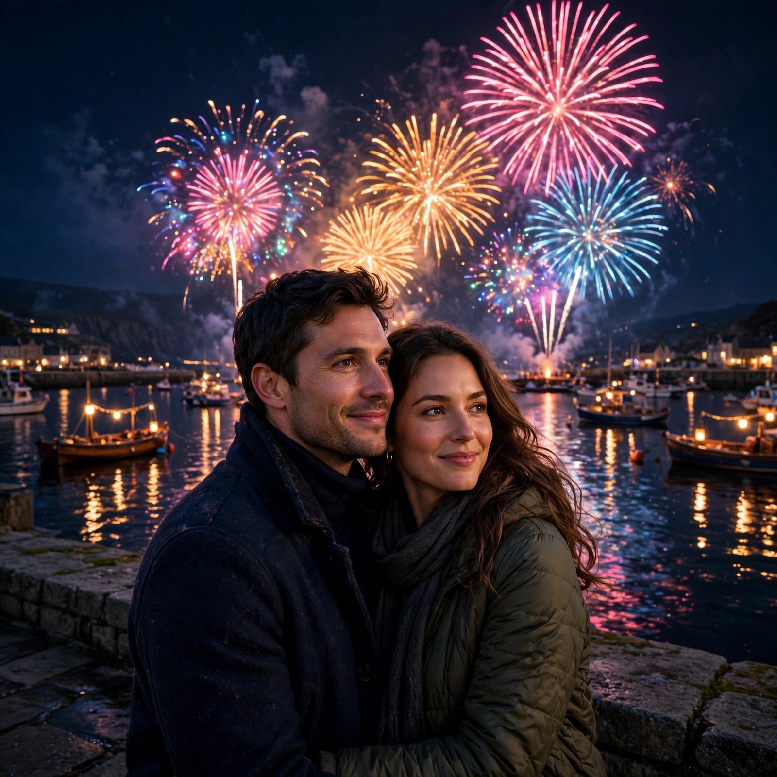 couple watching fireworks over harbor at night love dp
