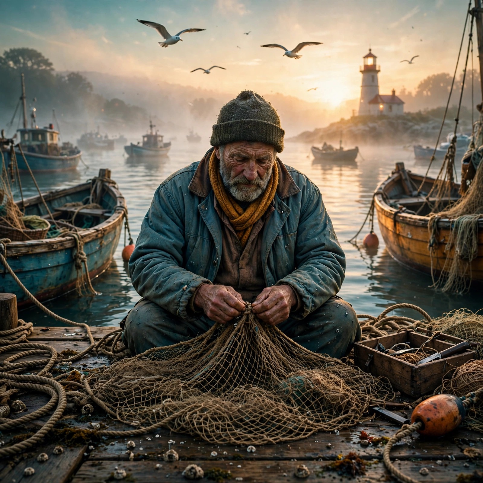 fisherman mending nets on harbor dock at sunrise boys dp