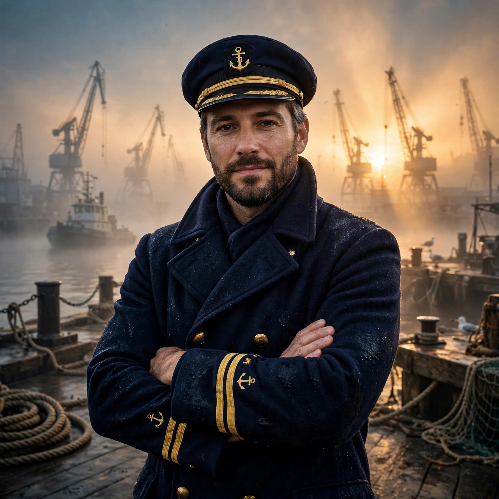 Confident tugboat captain attitude profile picture in harbor fog