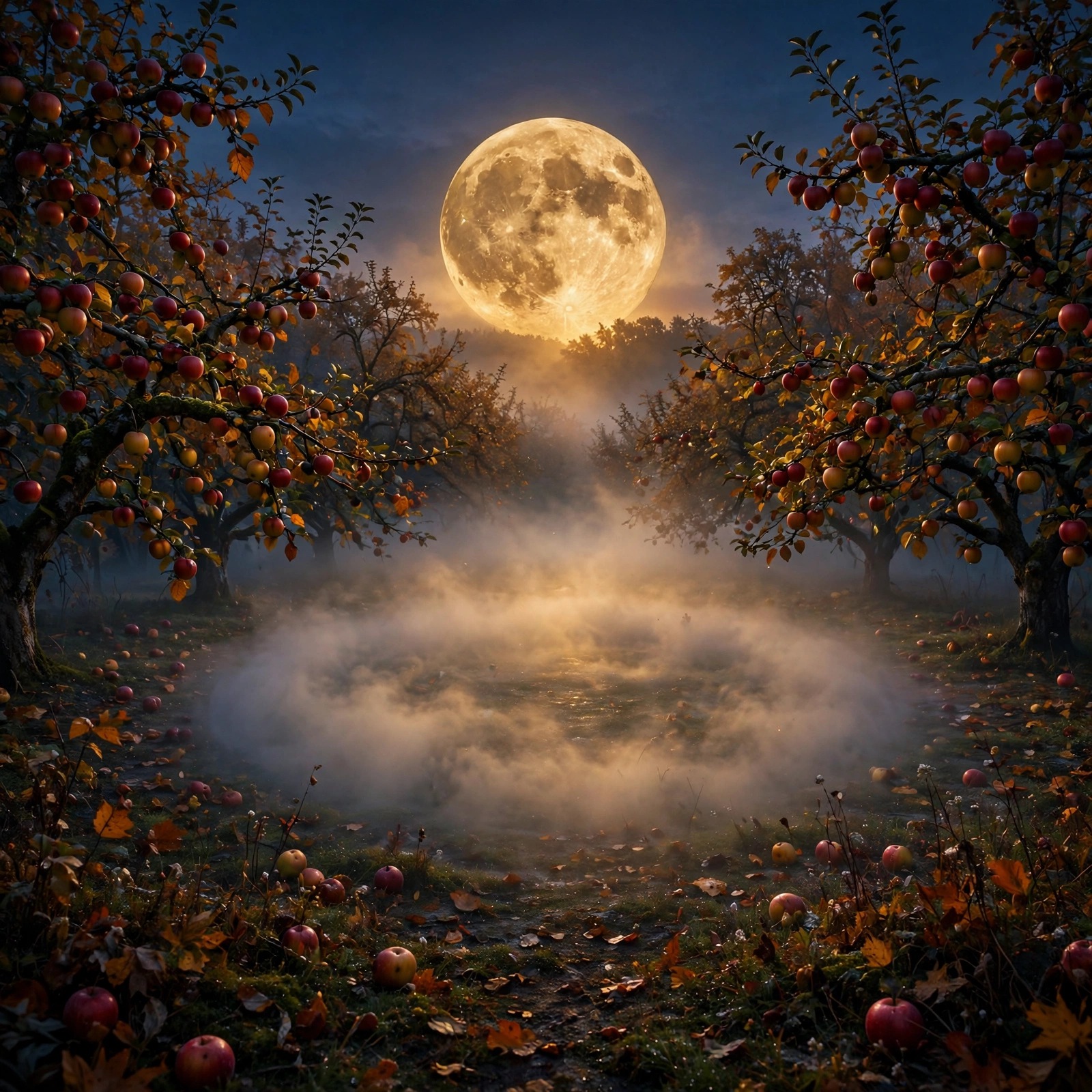 Harvest Moon over a Misty Apple Orchard