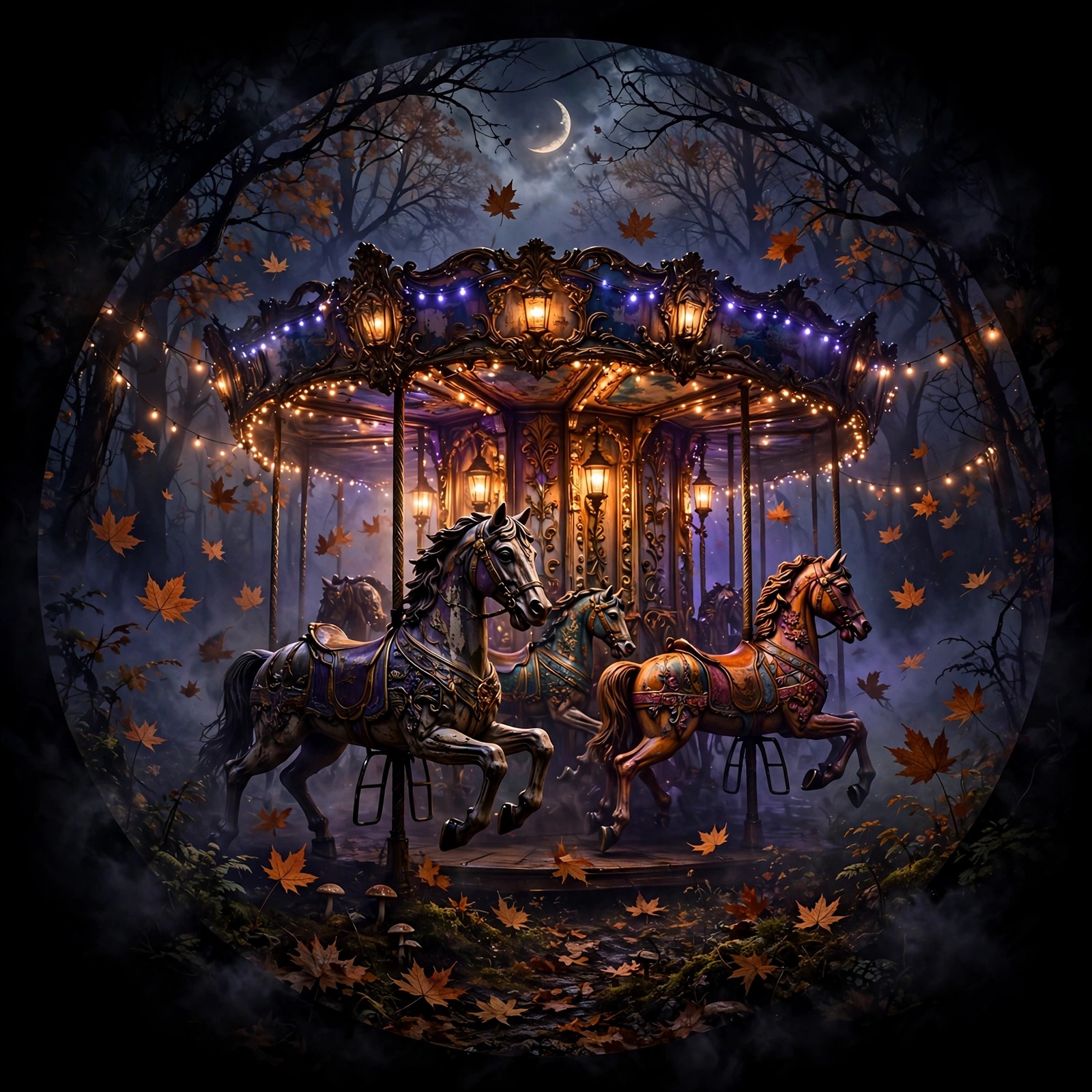 Vintage carousel glowing at night in misty autumn forest, aesthetic profile picture