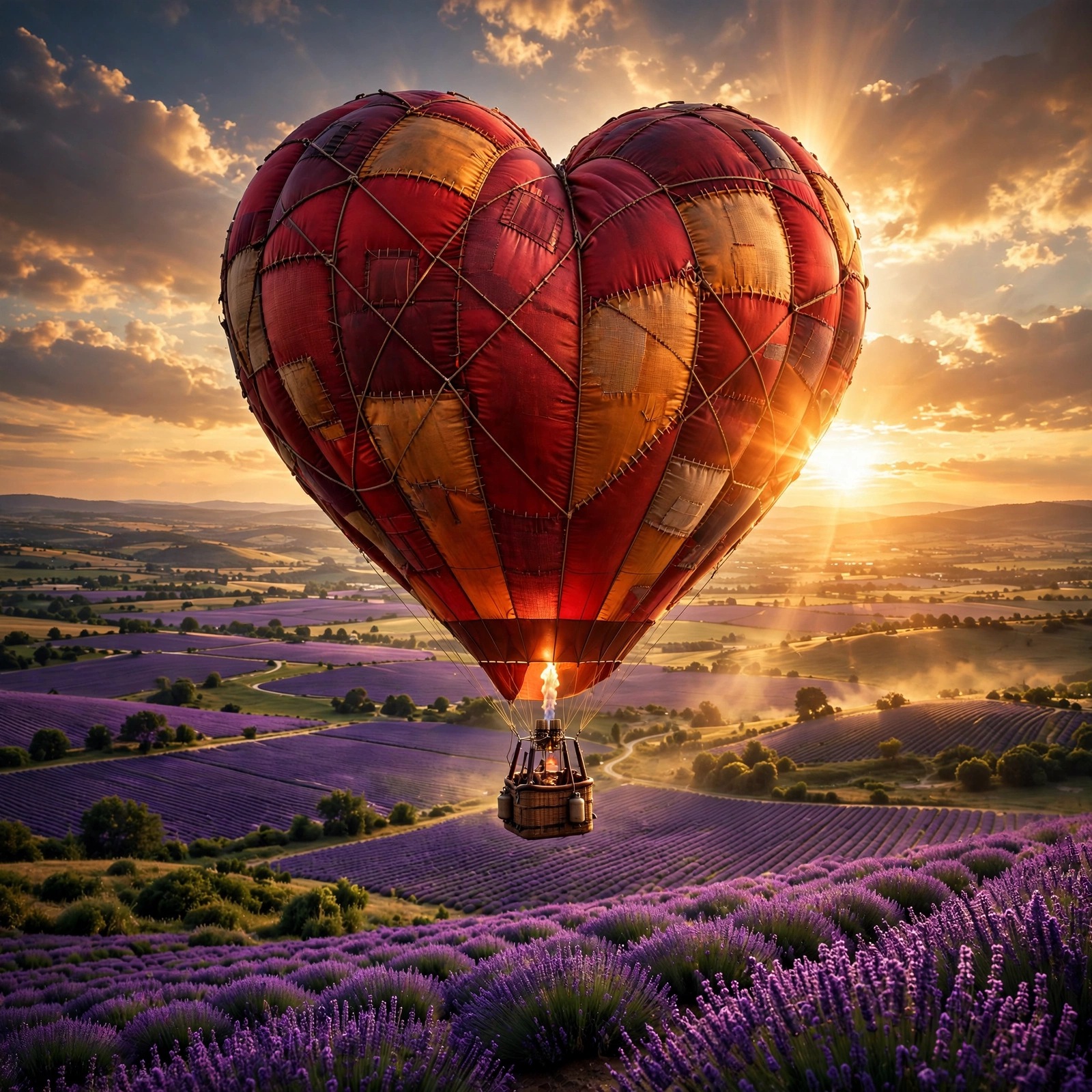 Giant heart-shaped hot air balloon floating over purple lavender fields at golden hour