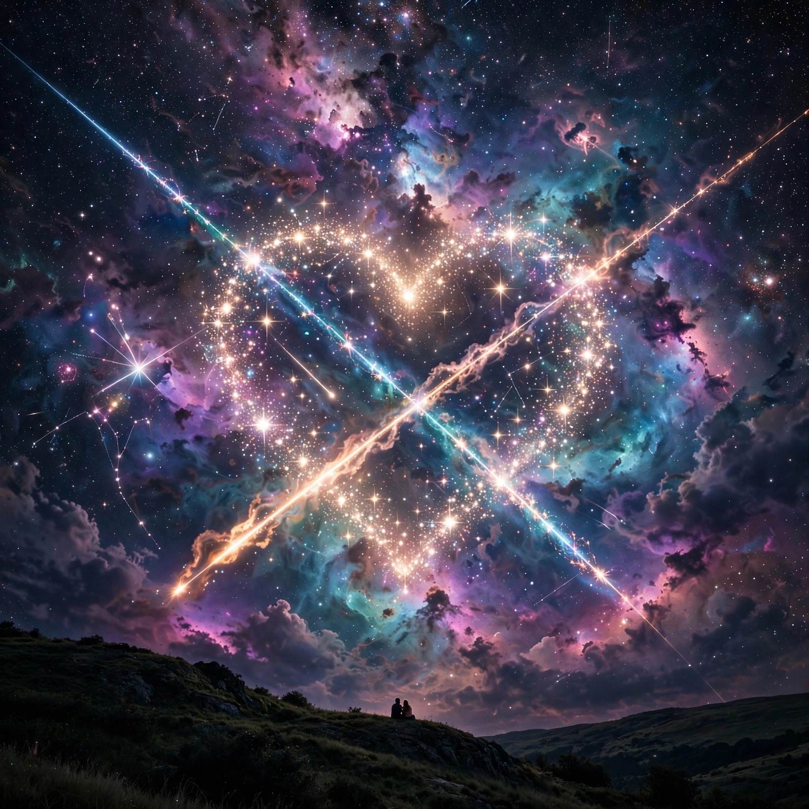 Giant heart constellation of stars with two shooting stars over two silhouettes, cosmic love DP
