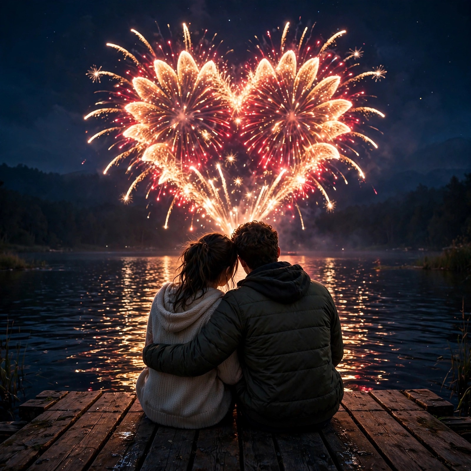 Couple watching heart-shaped fireworks over a lake from a dock, romantic profile picture