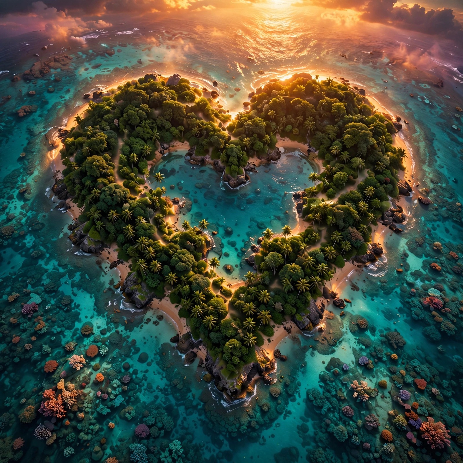 Aerial view of a heart-shaped tropical island in turquoise water at sunset