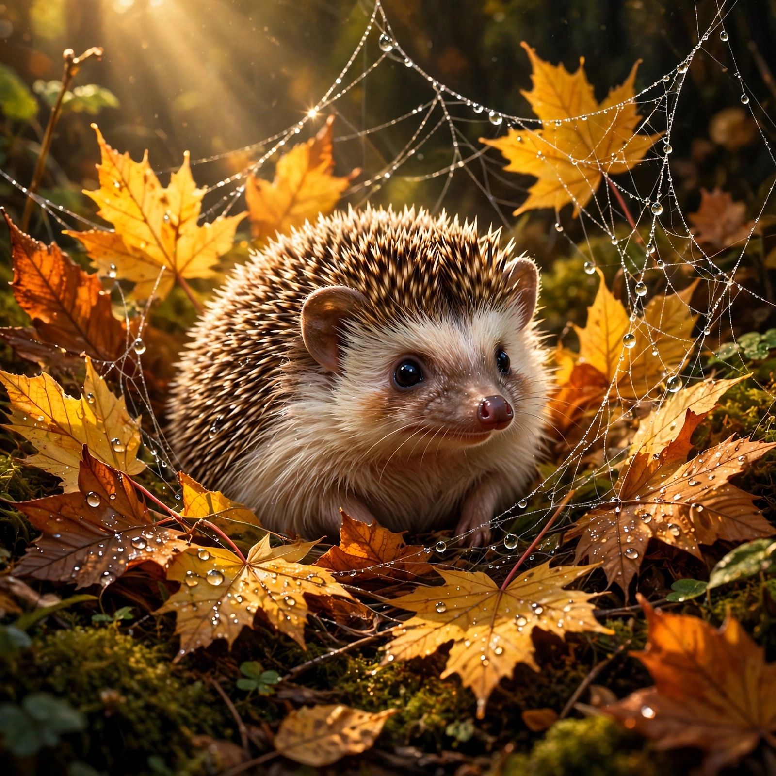 Cute hedgehog among golden autumn leaves with a dewy spiderweb in warm morning light
