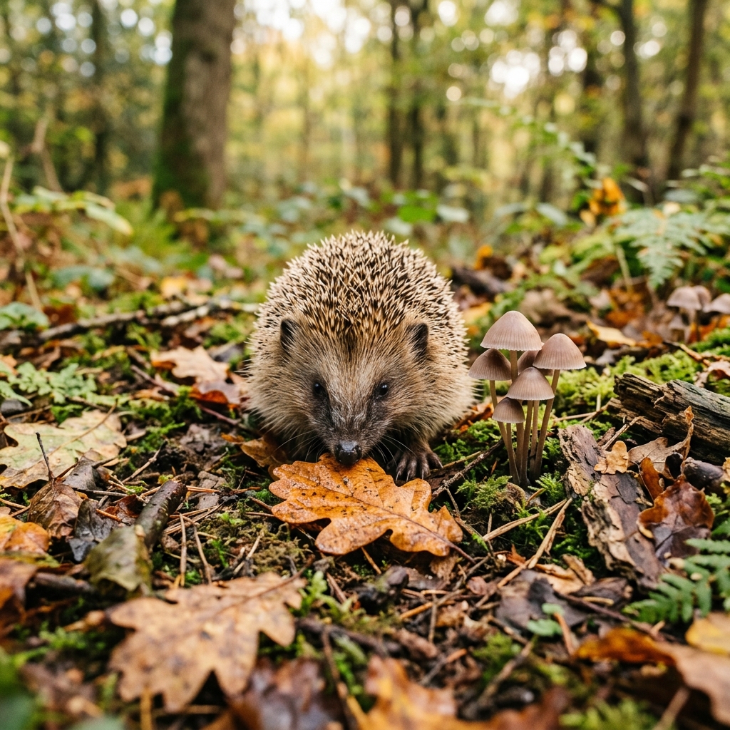 A tiny hedgehog rests among fallen autumn leaves on a woodland floor