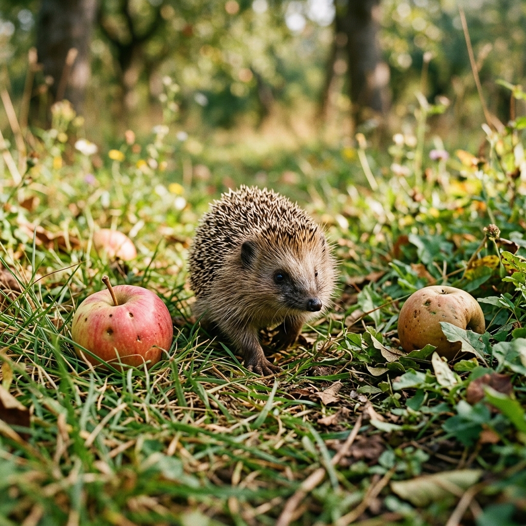 A hedgehog wanders between two fallen apples on orchard grass