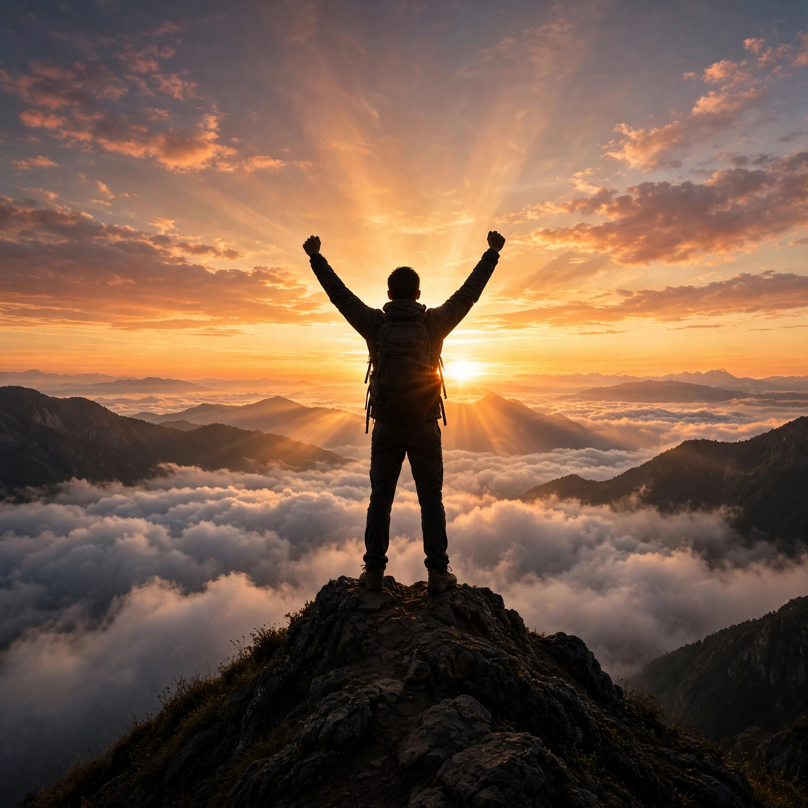 Hiker silhouette with raised arms standing on a mountain ridge at glorious sunrise