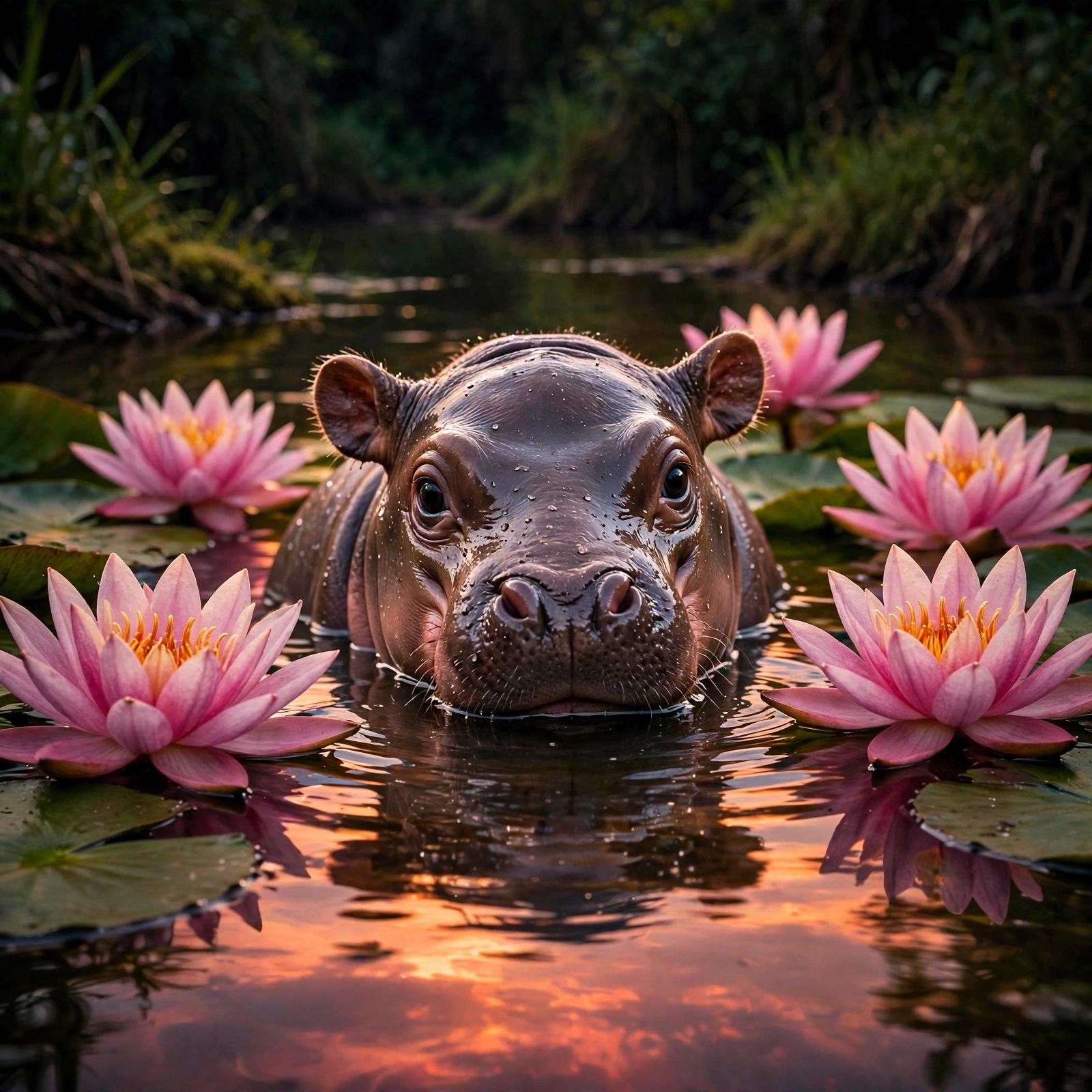 Baby Hippo Calf Among Water Lilies, cute animal DP for WhatsApp profile