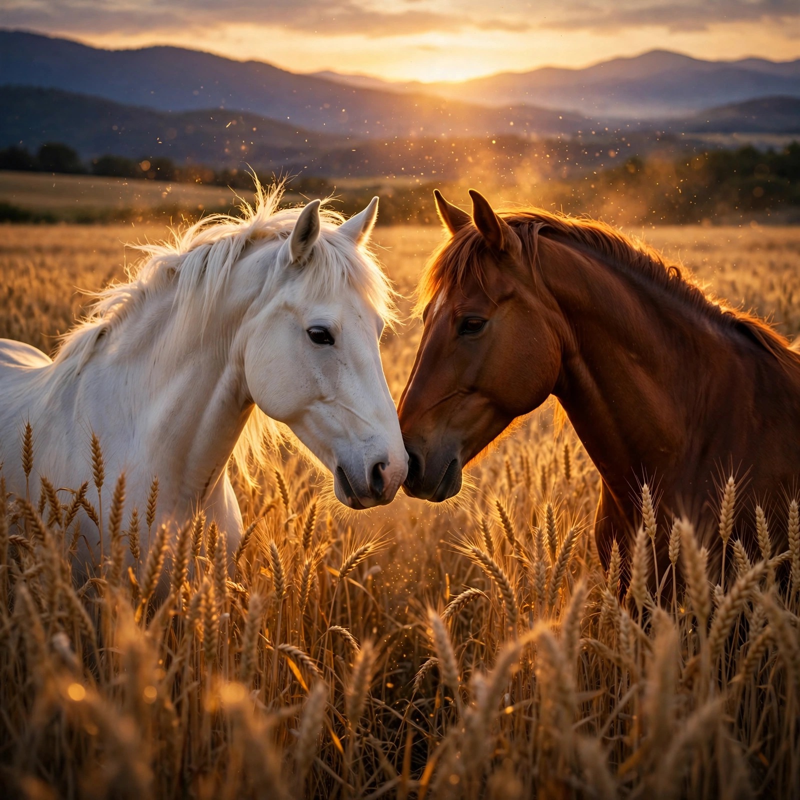 two horses nuzzling in golden wheat field friendship dp