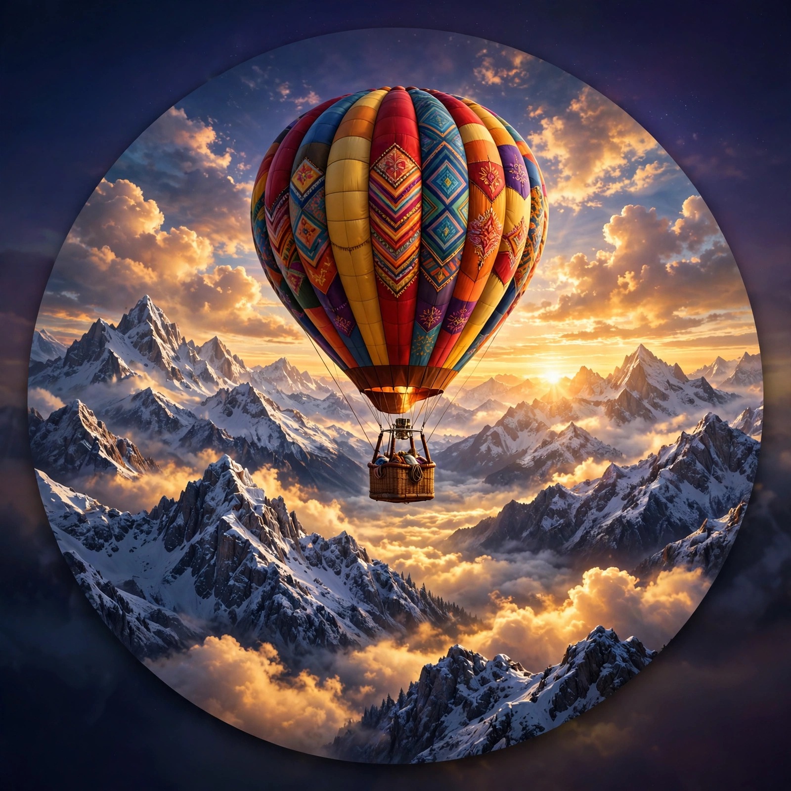 Hot air balloon over alpine peaks at sunrise