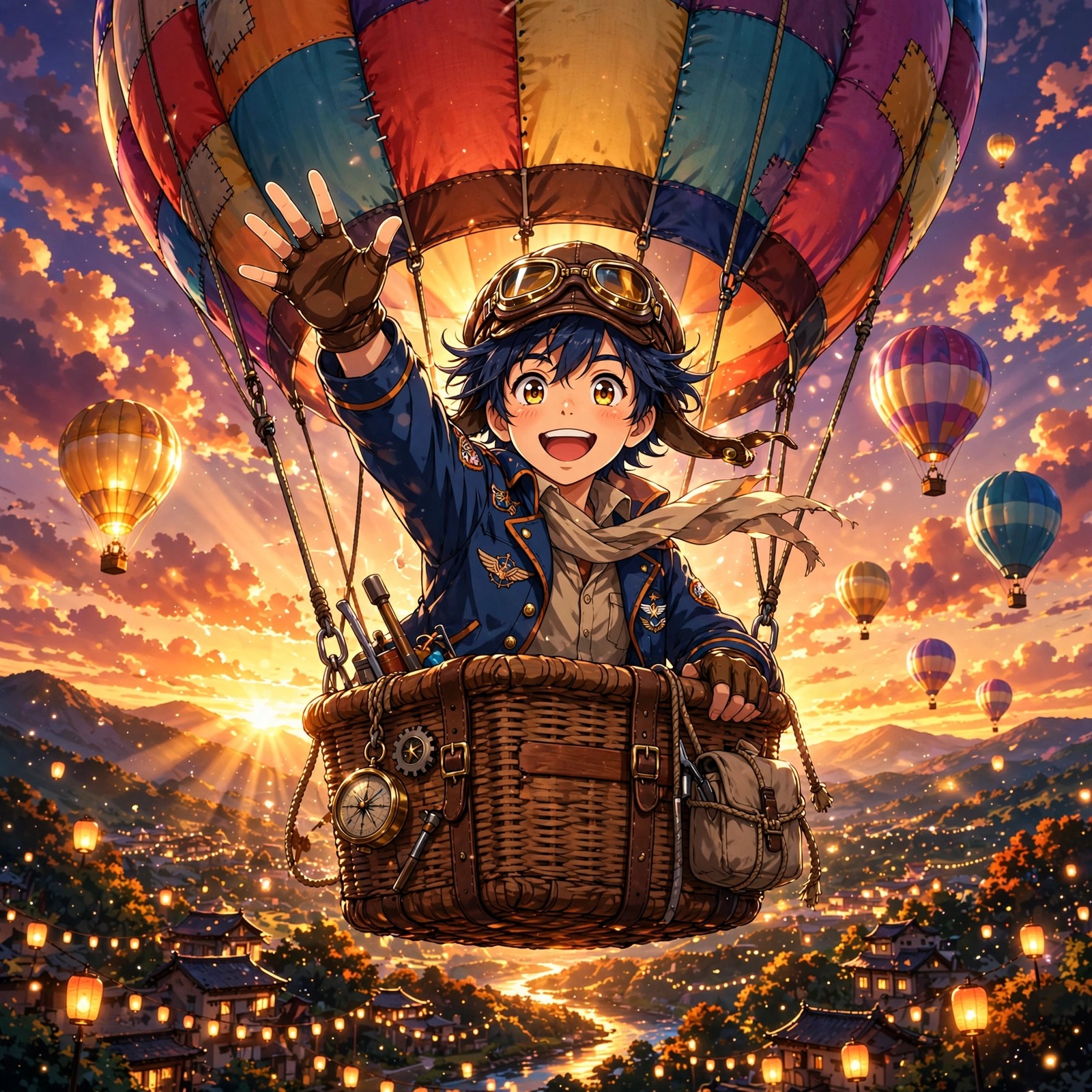 anime boy pilot in hot air balloon over valley at sunset anime dp