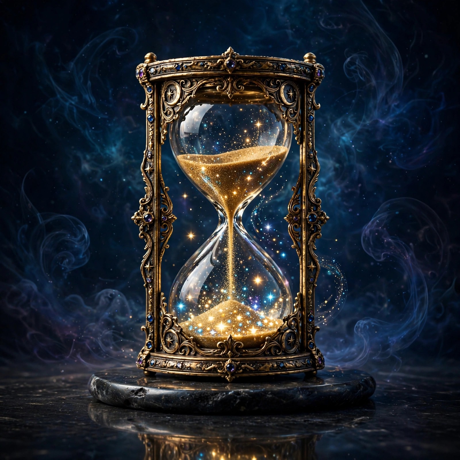 Ornate hourglass with golden sand transforming into glowing stars, motivational DP