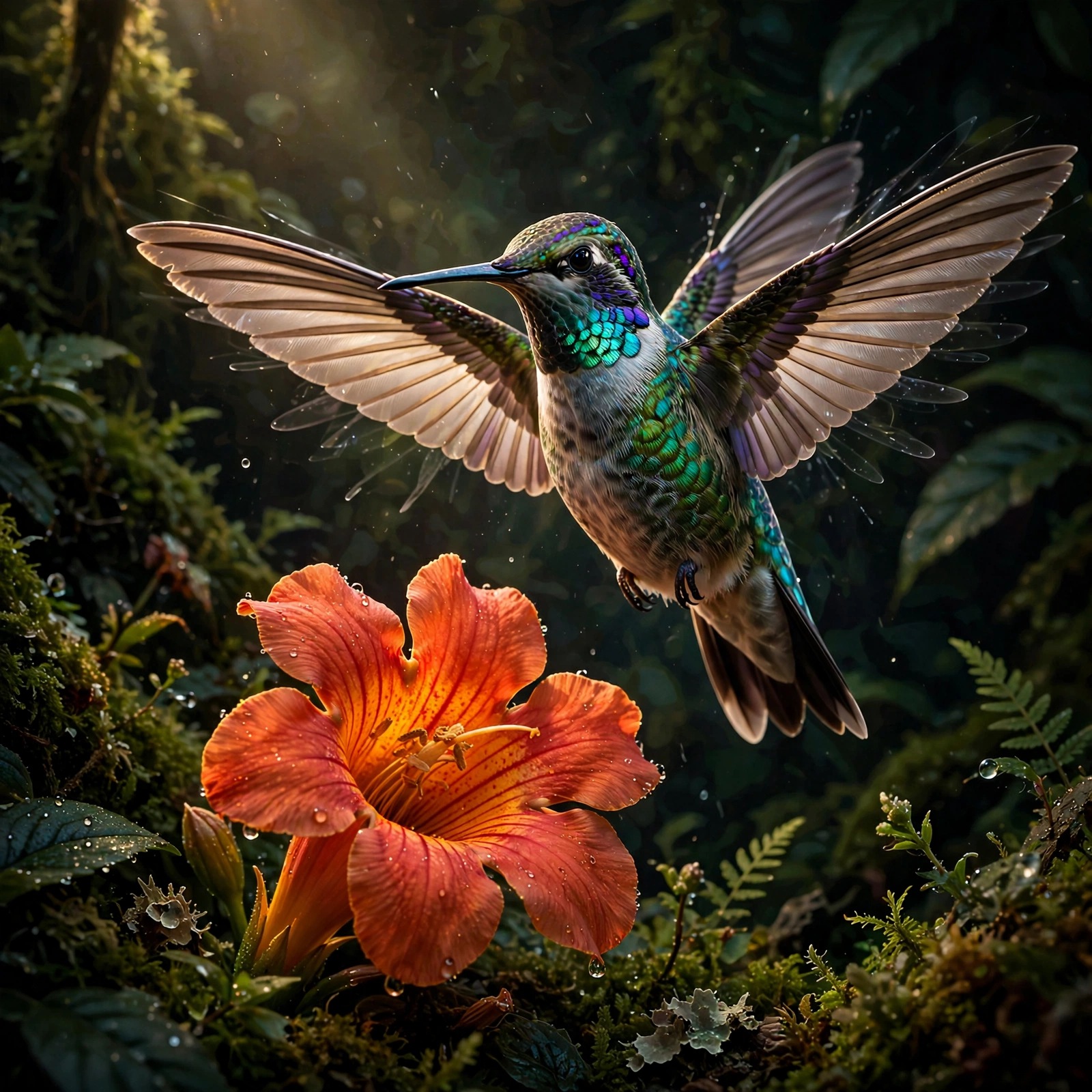 Iridescent hummingbird hovering at a vivid orange trumpet flower with wings frozen mid-beat