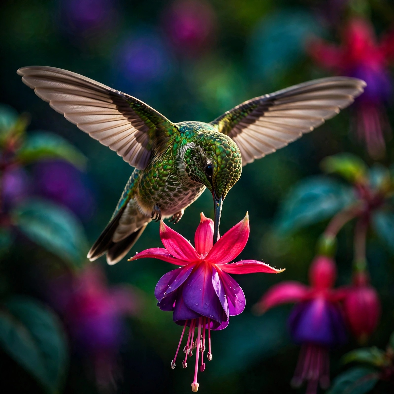 Emerald hummingbird profile picture at a fuchsia bloom