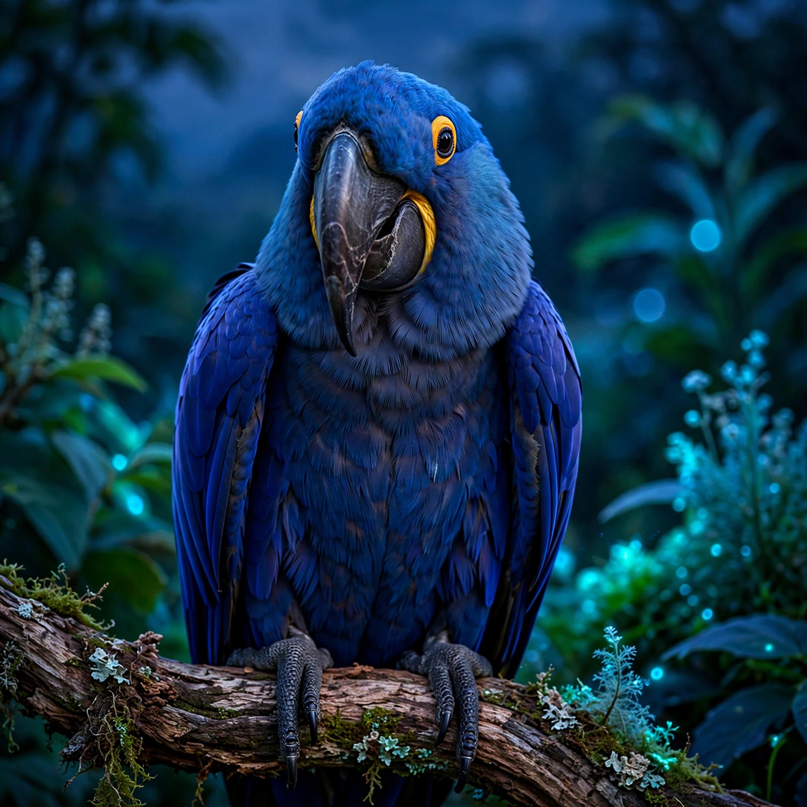 Hyacinth macaw with cobalt-blue plumage perched at twilight, animal WhatsApp DP