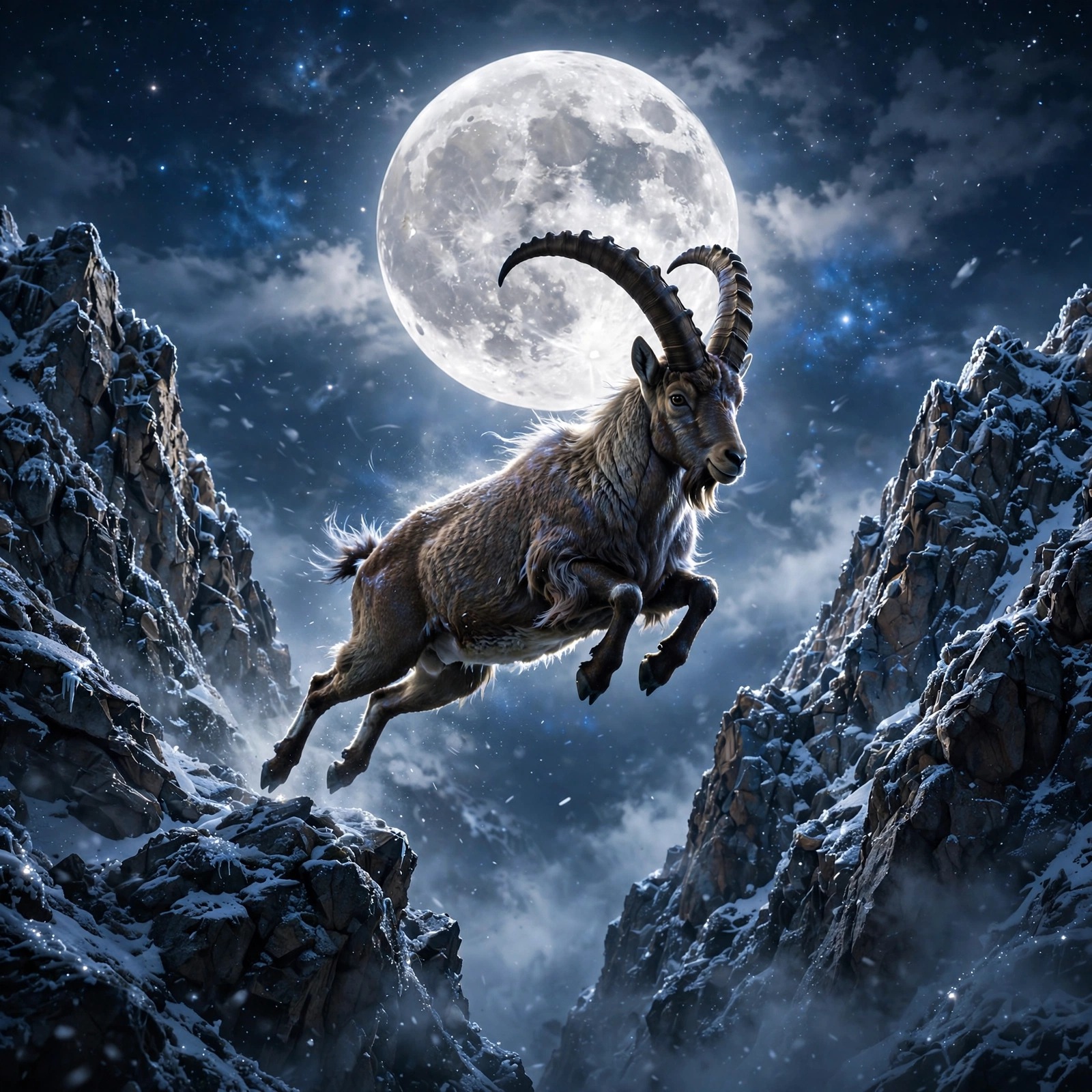 Alpine ibex leaping between moonlit snowy peaks, motivational DP