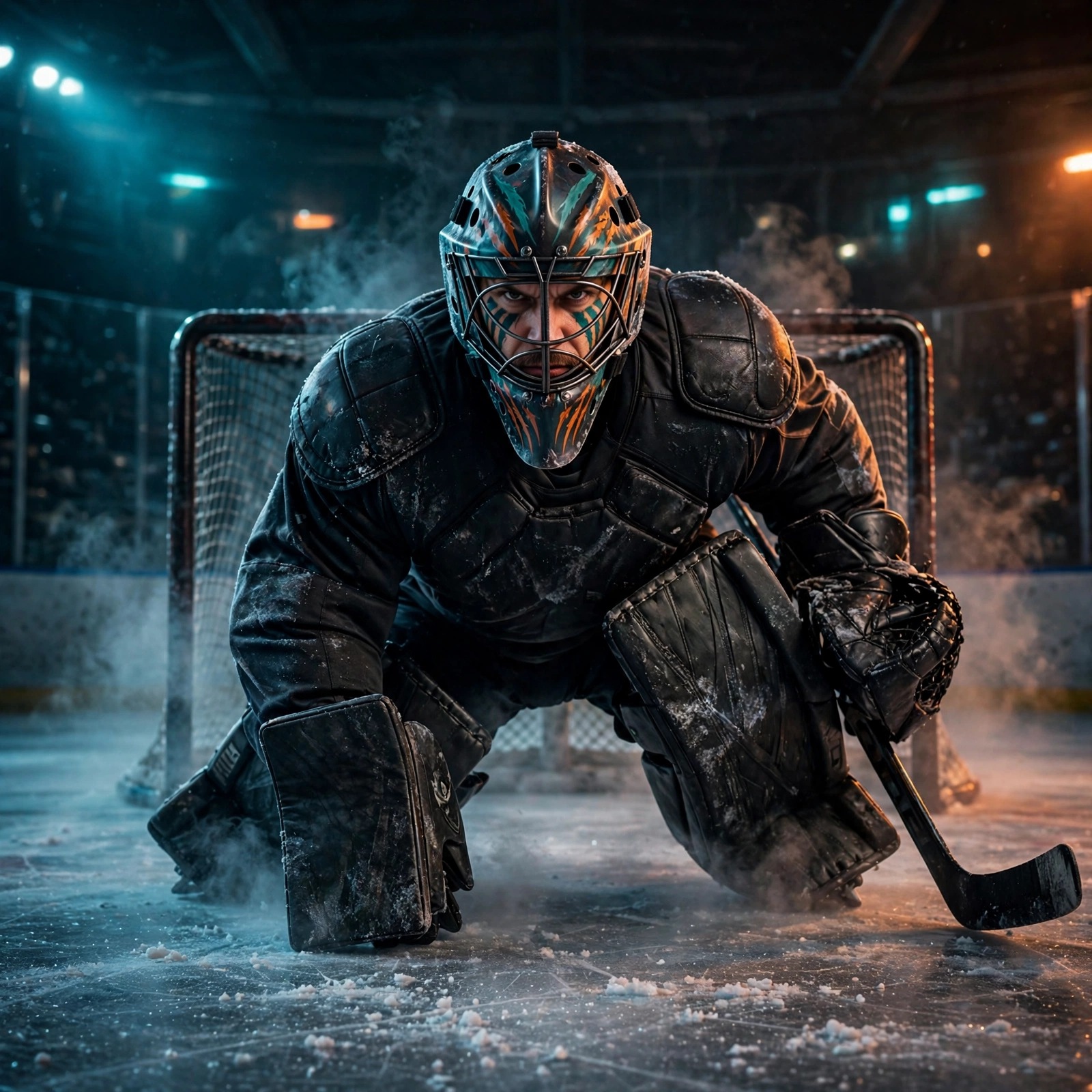 Ice hockey goalie crouched in a dark arena, attitude DP