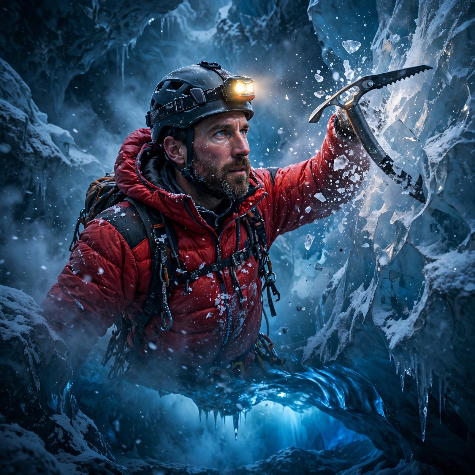Ice climber with headlamp swinging an axe into a glowing blue glacier wall, square boys DP